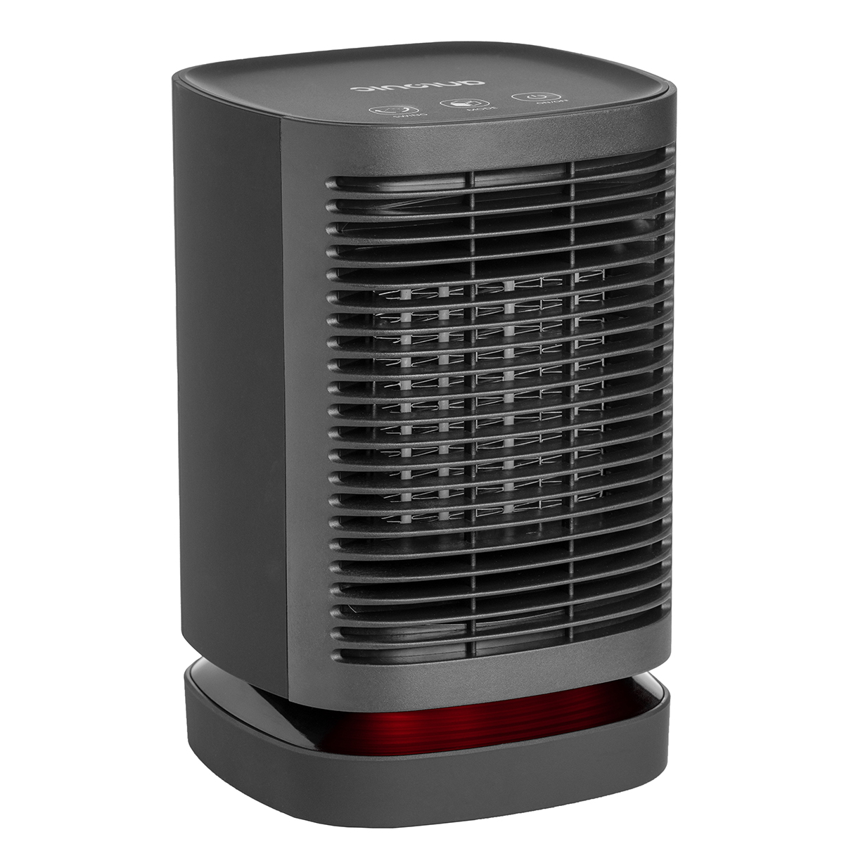 A black vertical fan heater with a red light at the base and buttons on top.