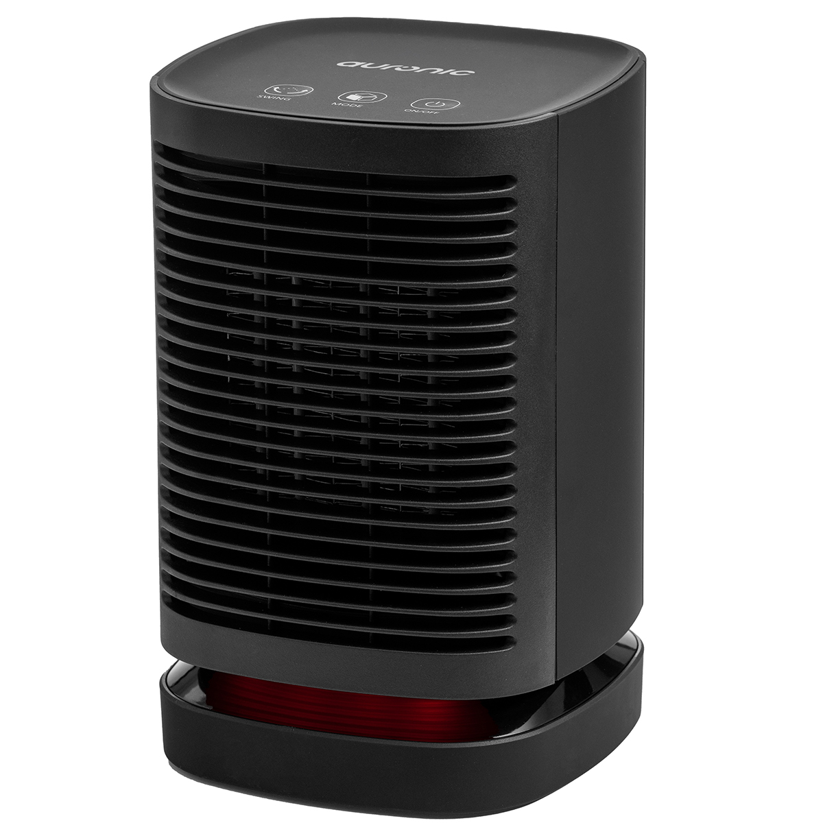 A black tower fan with grille vents and control buttons on top.