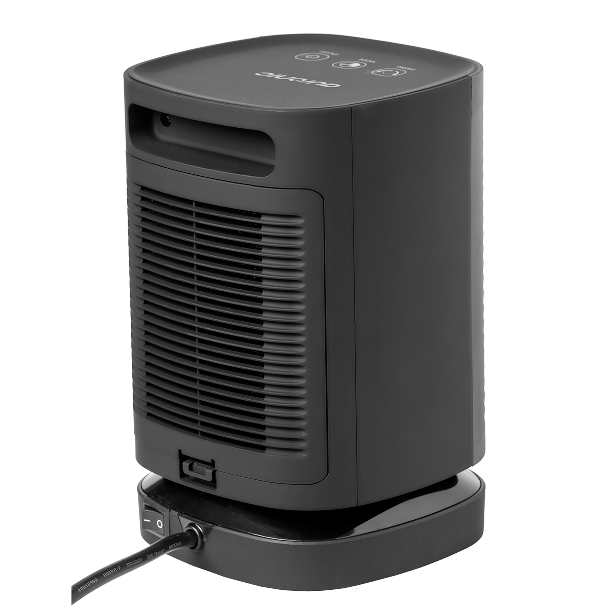 A black portable heater with vents on the side and controls on top.