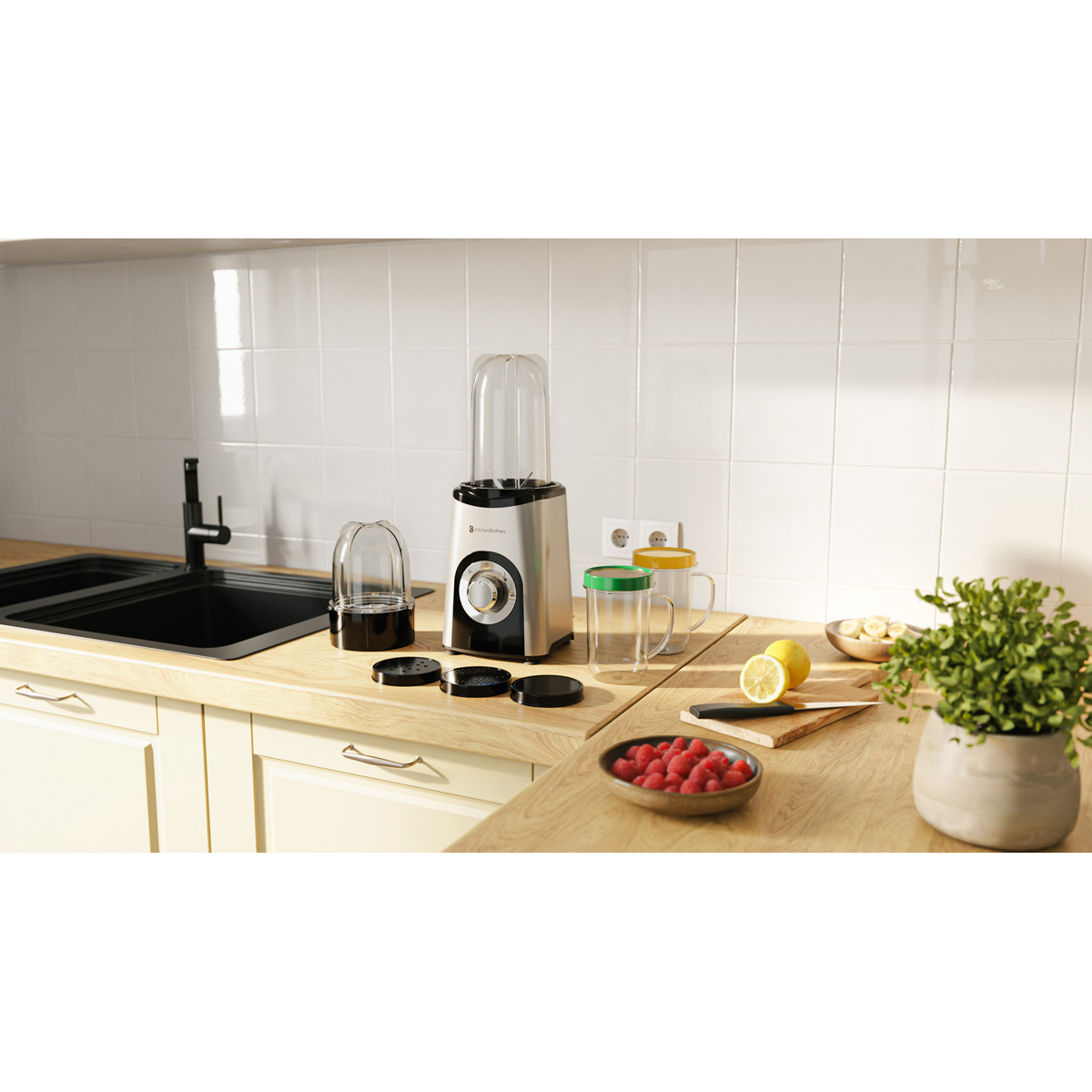 Kitchen counter with blender, cups, fruit, and plant. Black sink to left.