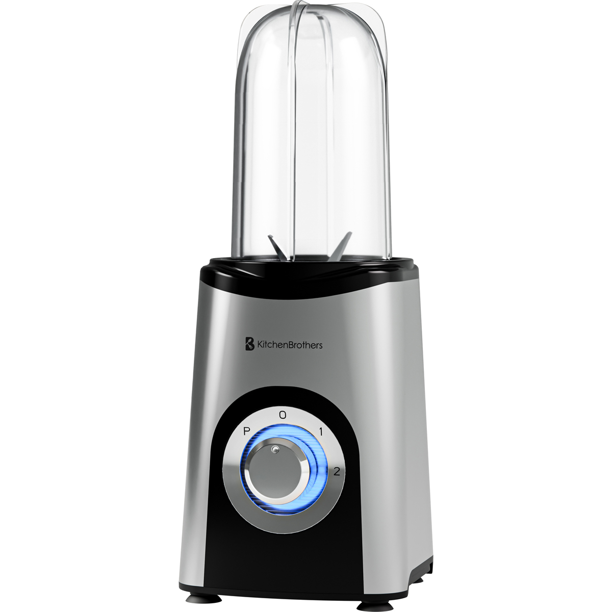 Silver blender with black base and clear cup with blades. Features a control dial.