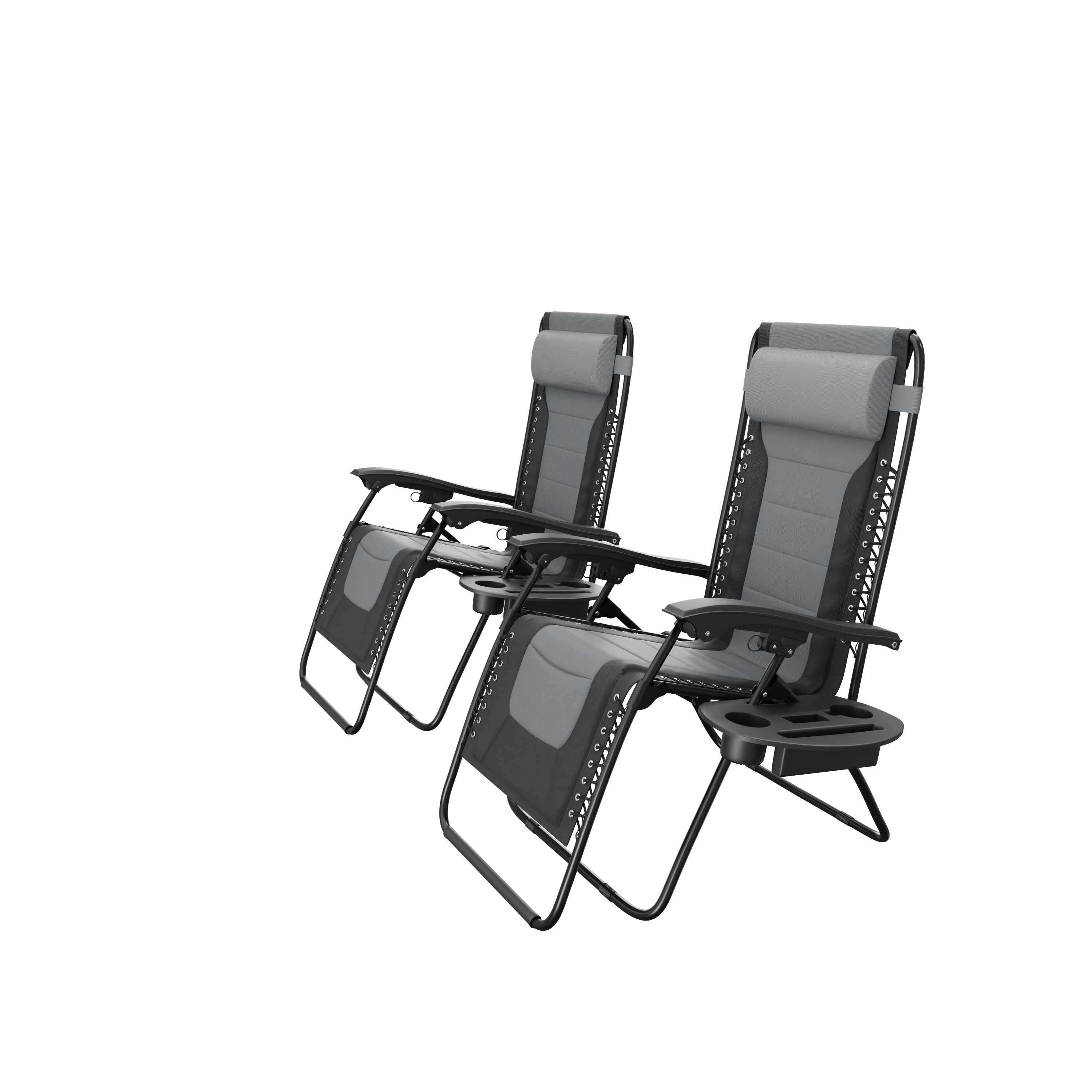 Twee grijze zero gravity stoelen met bekerhouders op witte achtergrond.