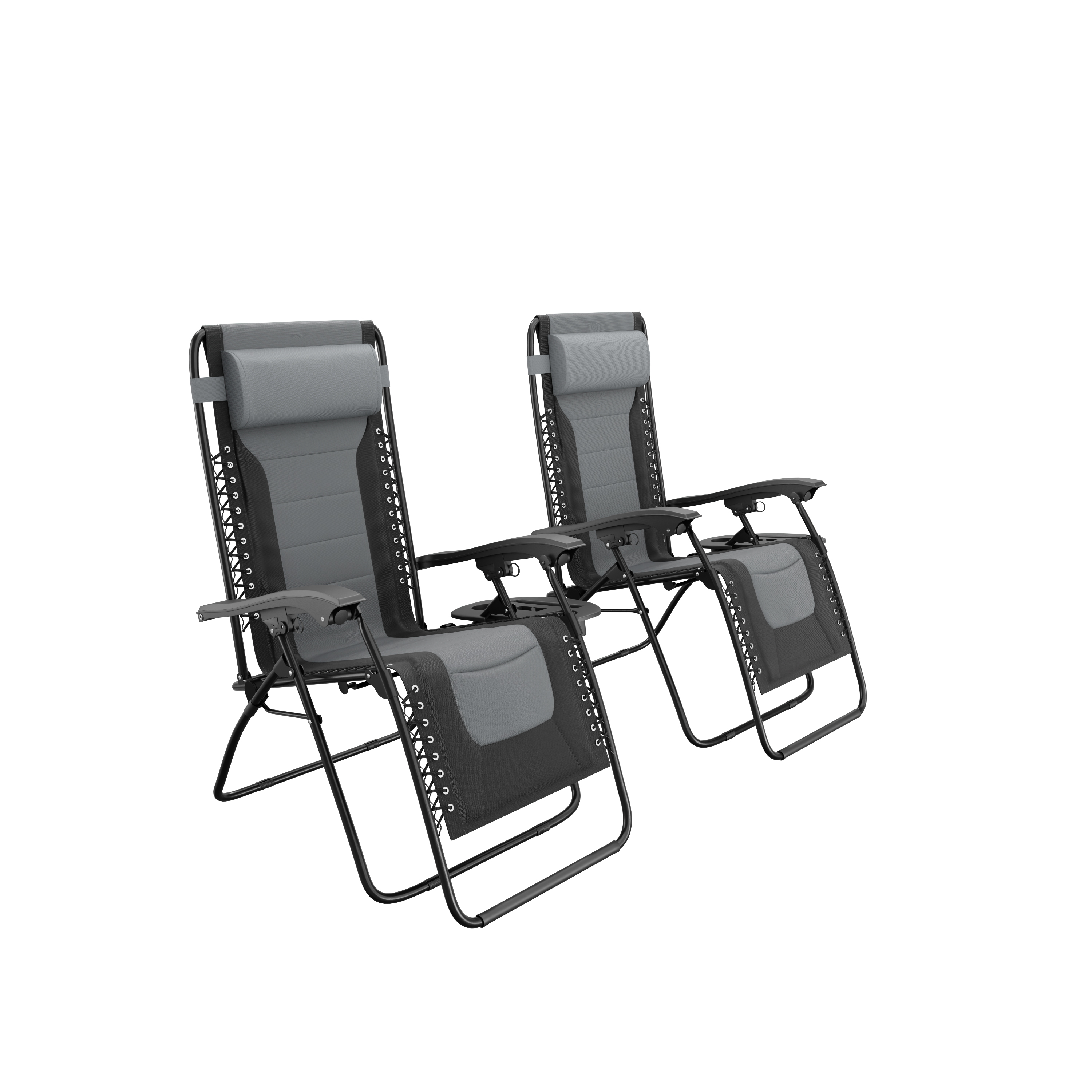Twee grijze zero-gravity stoelen met zwart metalen frame staan naast elkaar.