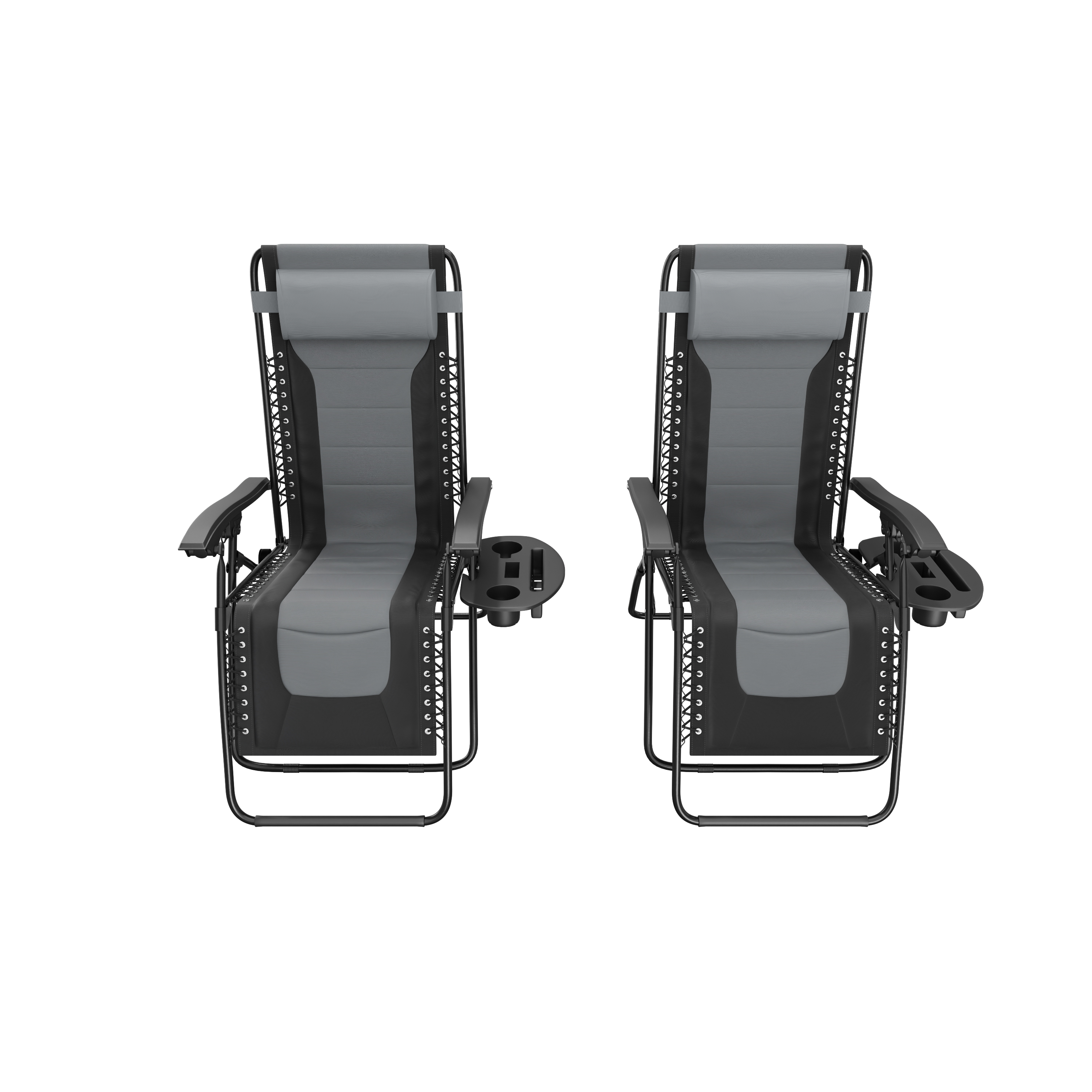 Twee grijze zero-gravity stoelen met zwarte armleuningen en bekerhouders.