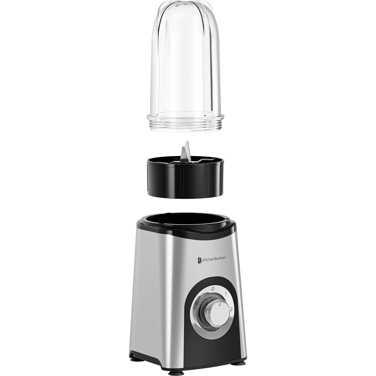 A silver blender with its detachable blade base and glass cup.