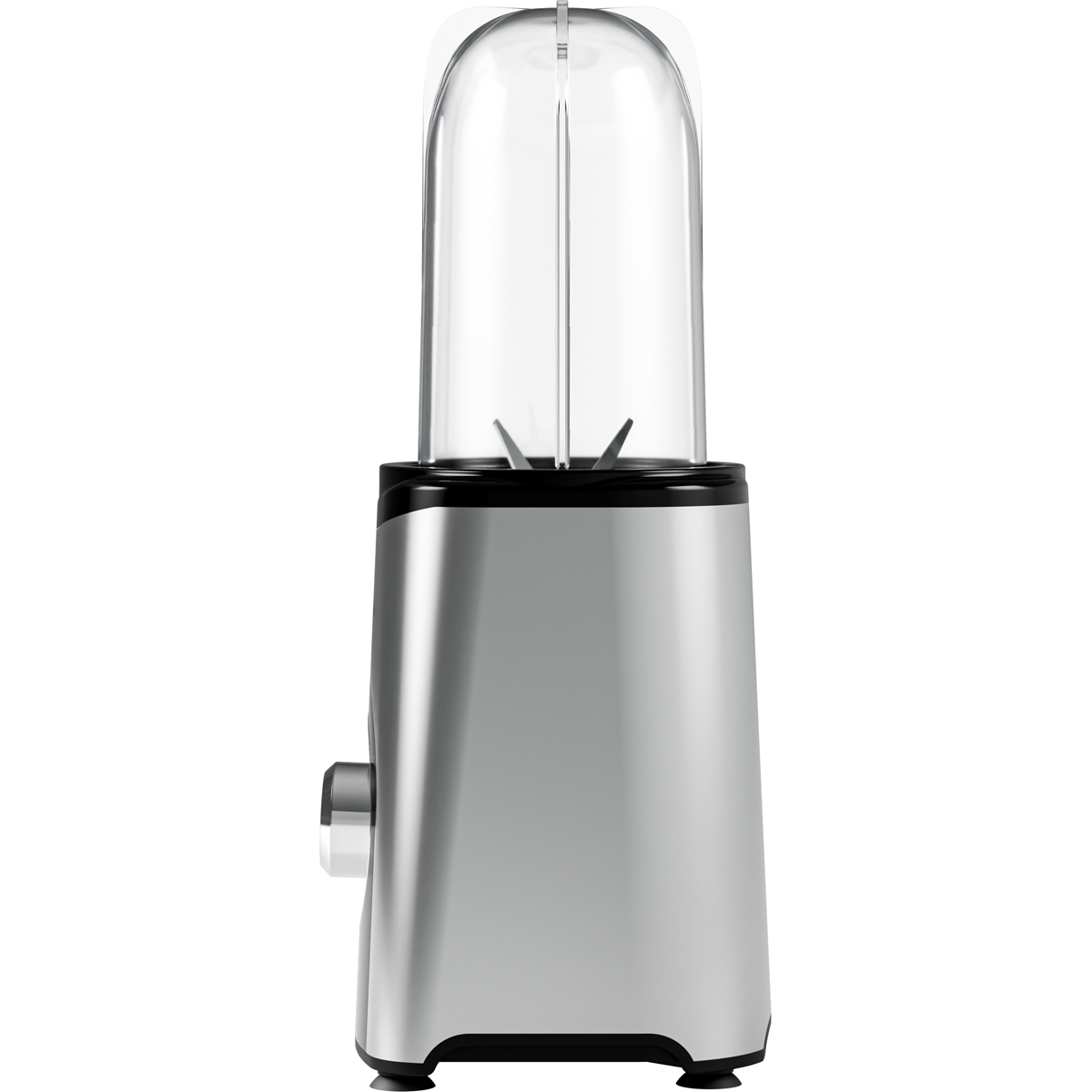 A silver blender with a black collar and clear container, on a white background.