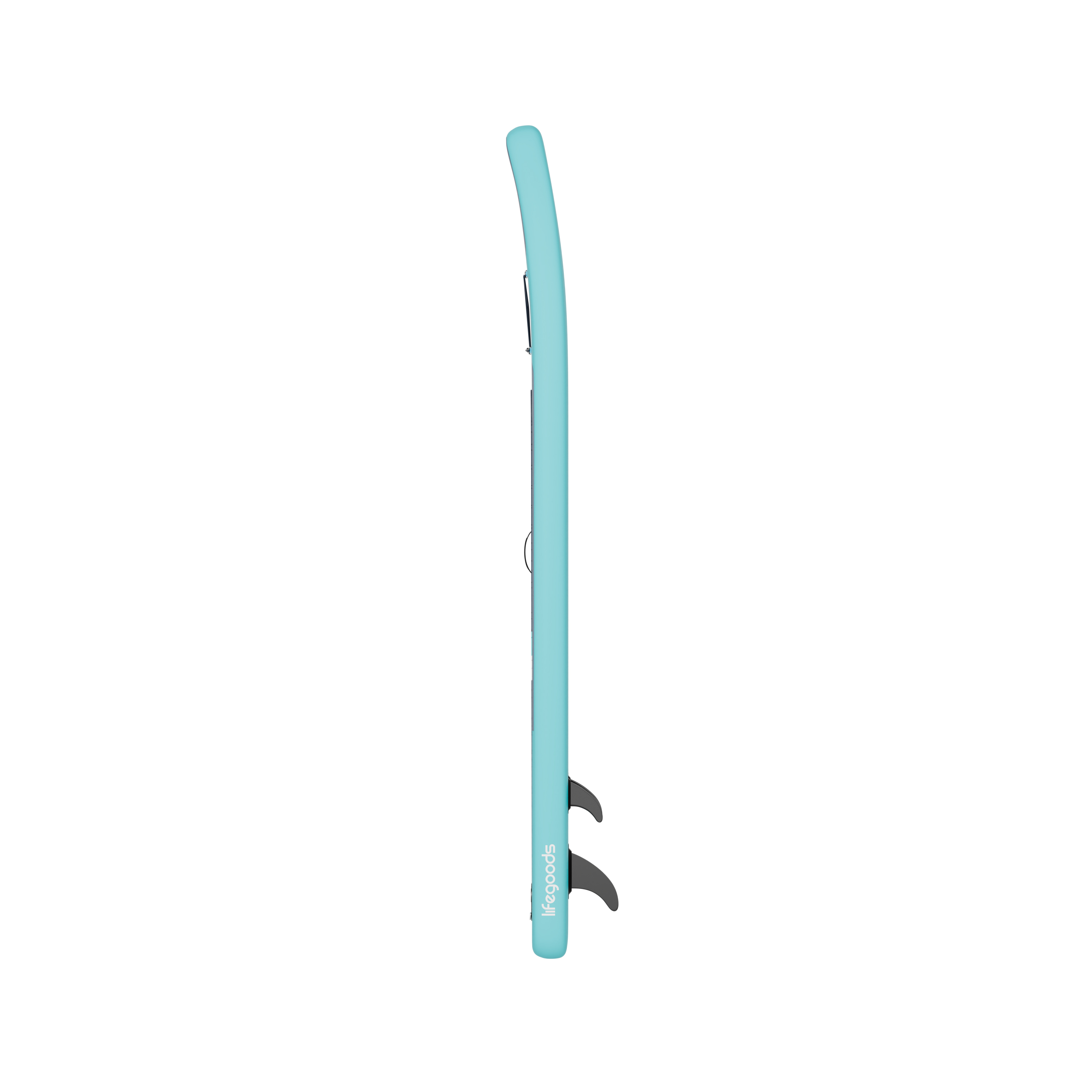 Turquoise paddleboard met zwarte vinnen en logo.