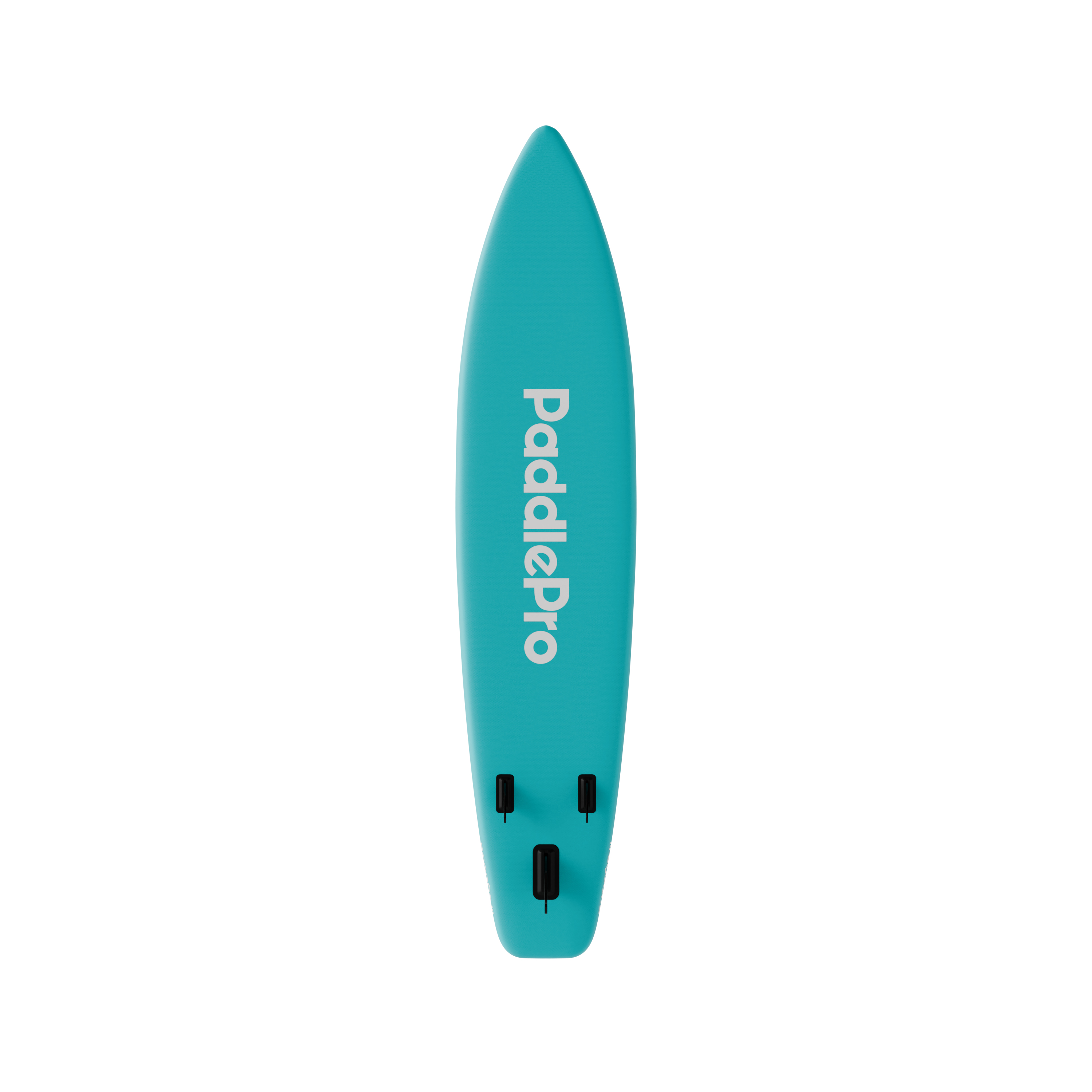 Een turquoise stand-up paddleboard met het 'PaddlePro' logo.
