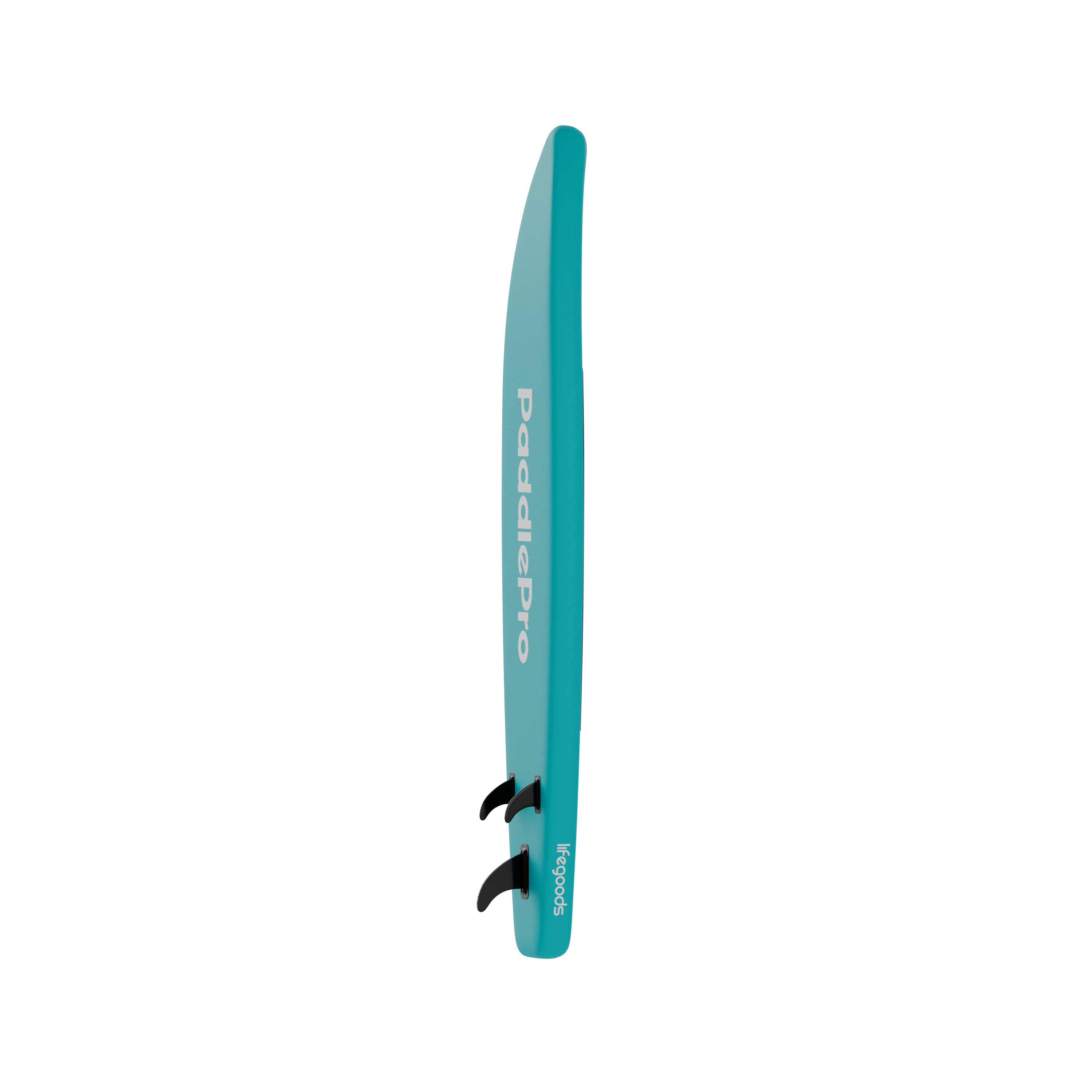 Turquoise stand-up paddleboard met twee zwarte vinnen en logo.