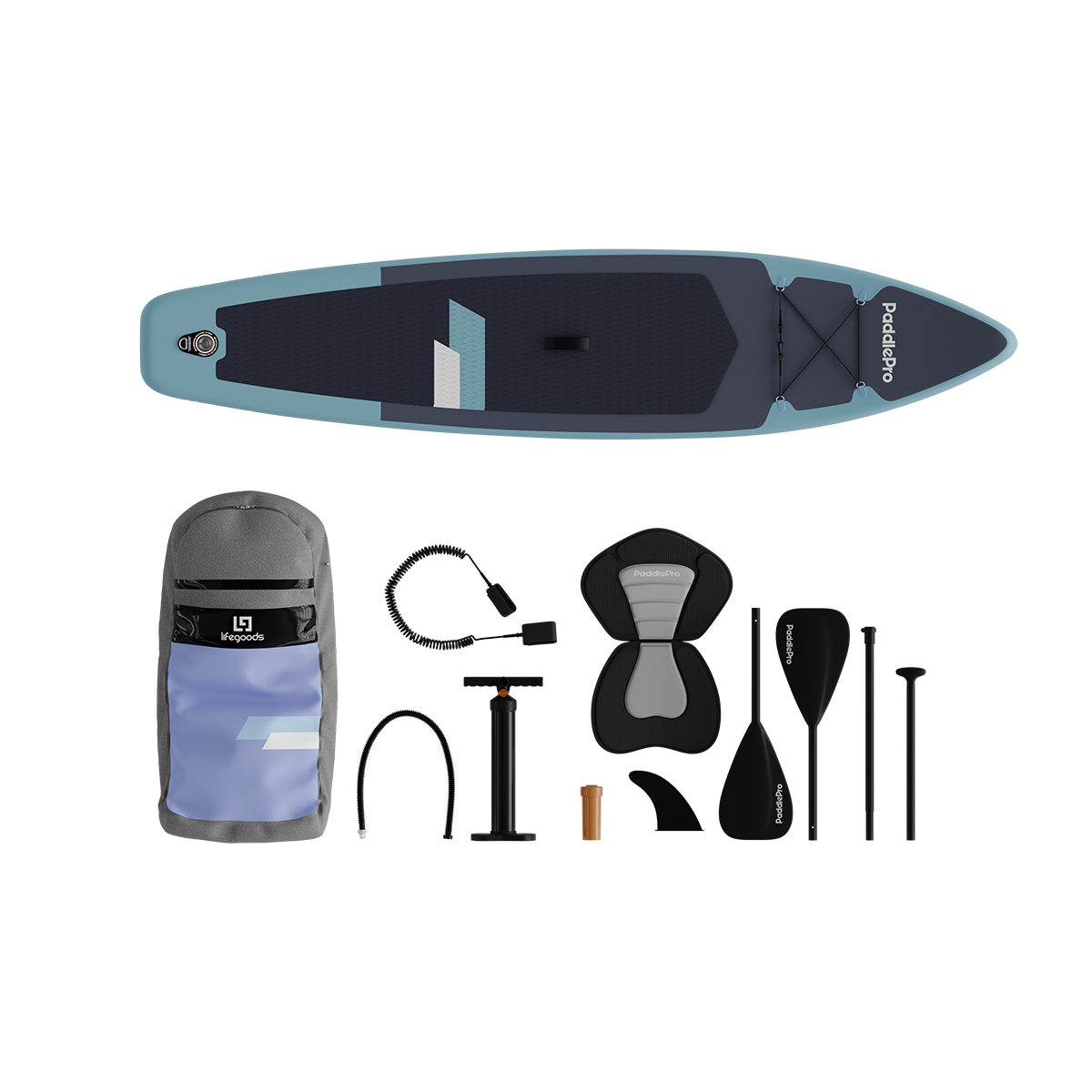 Stand-up paddleboard set met tas, stoel, pomp, peddels, riem en vin.