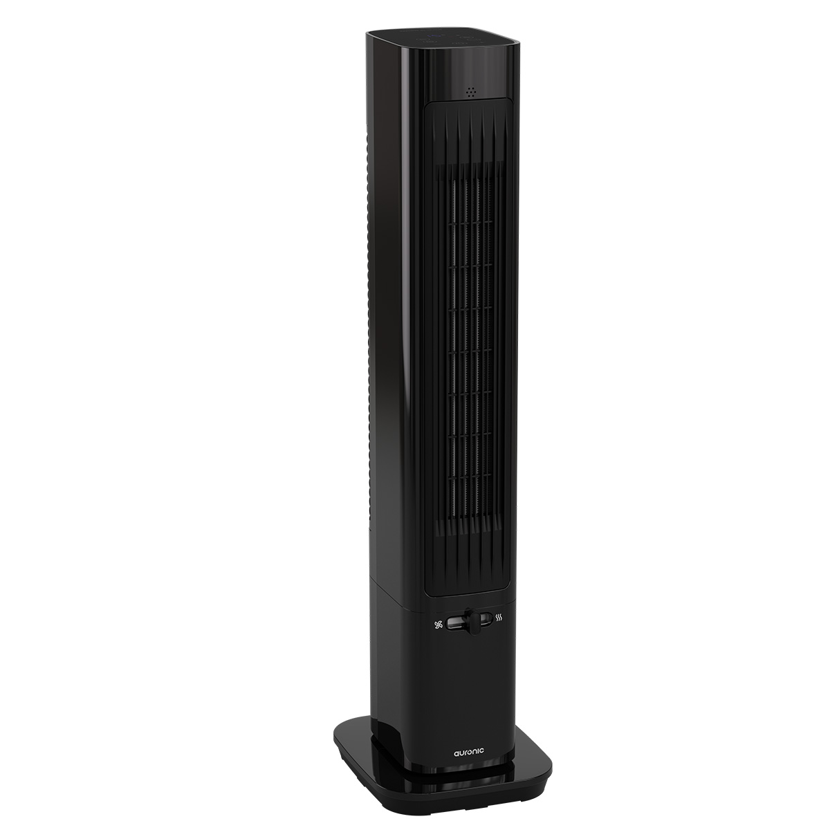 Zwarte torenventilator op rechthoekige voet met bedieningsknoppen.