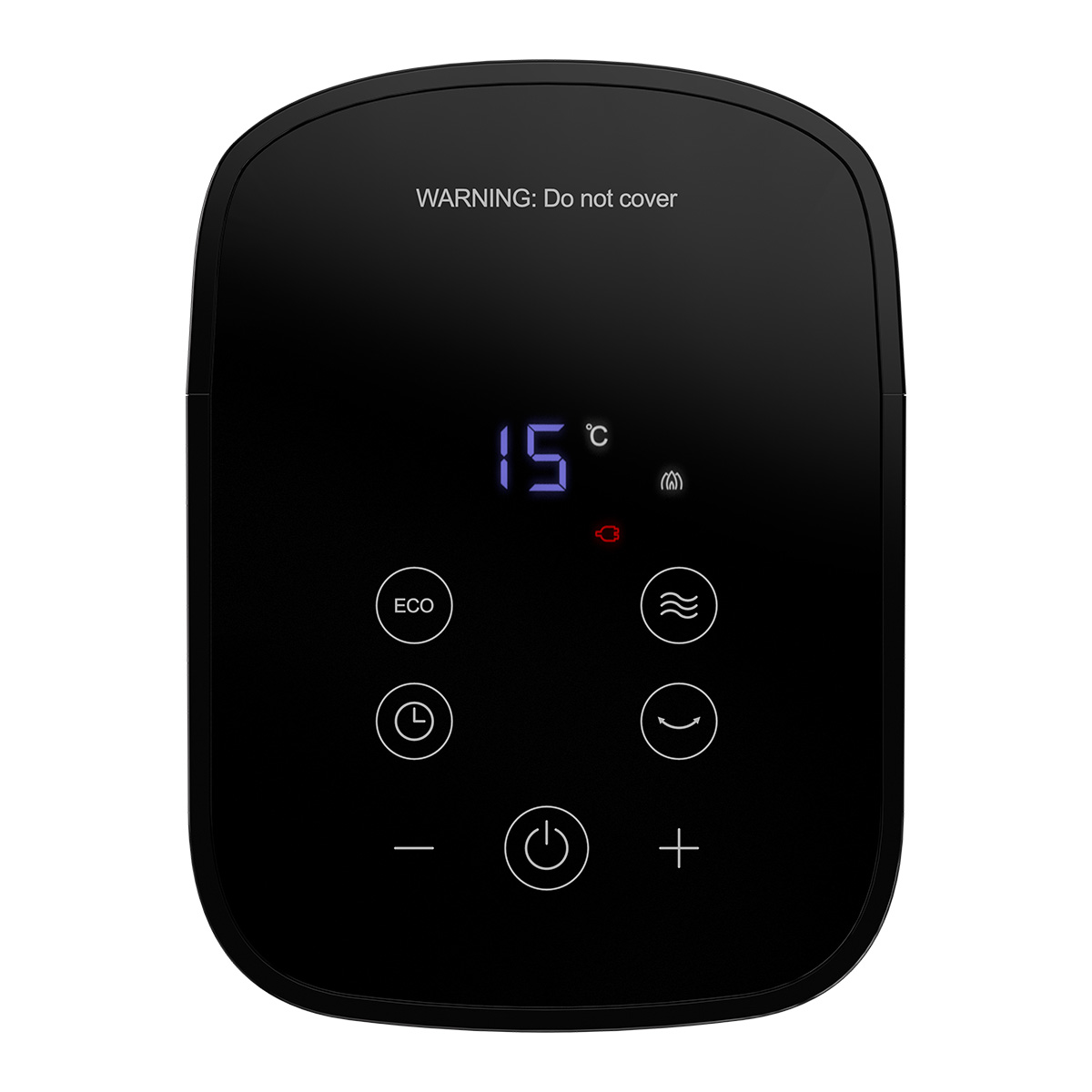 Zwart bedieningspaneel met digitale weergave van 15°C en diverse iconen.