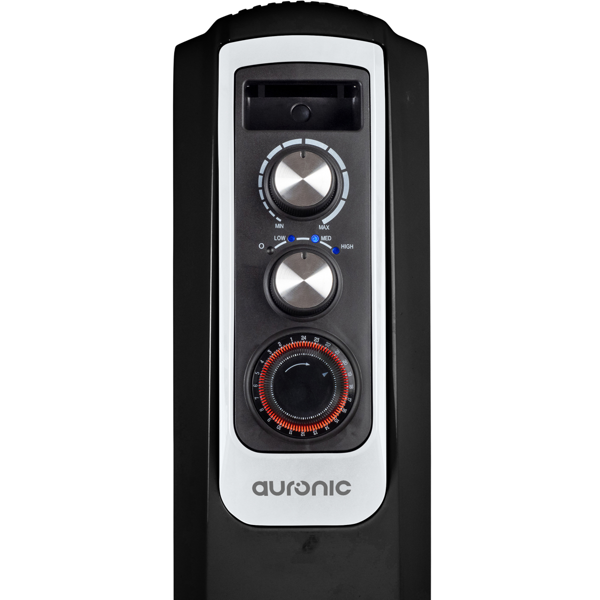 Een zwarte verwarming met zilveren draaiknoppen en een timer. "Auronic" merknaam.