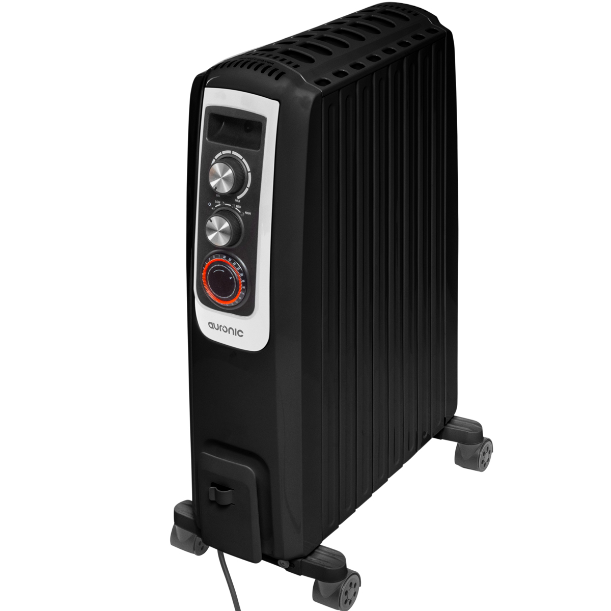 Een zwarte oliegevulde radiator met wielen en knoppen.