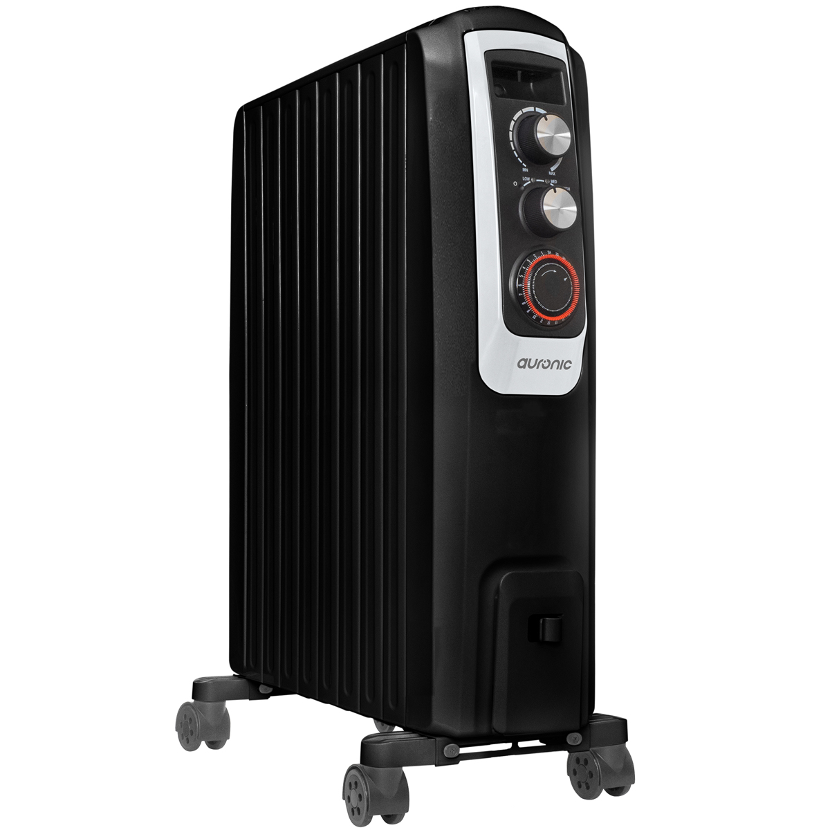 Zwarte oliegevulde radiator met wielen, bedieningsknoppen en Auronic-logo.