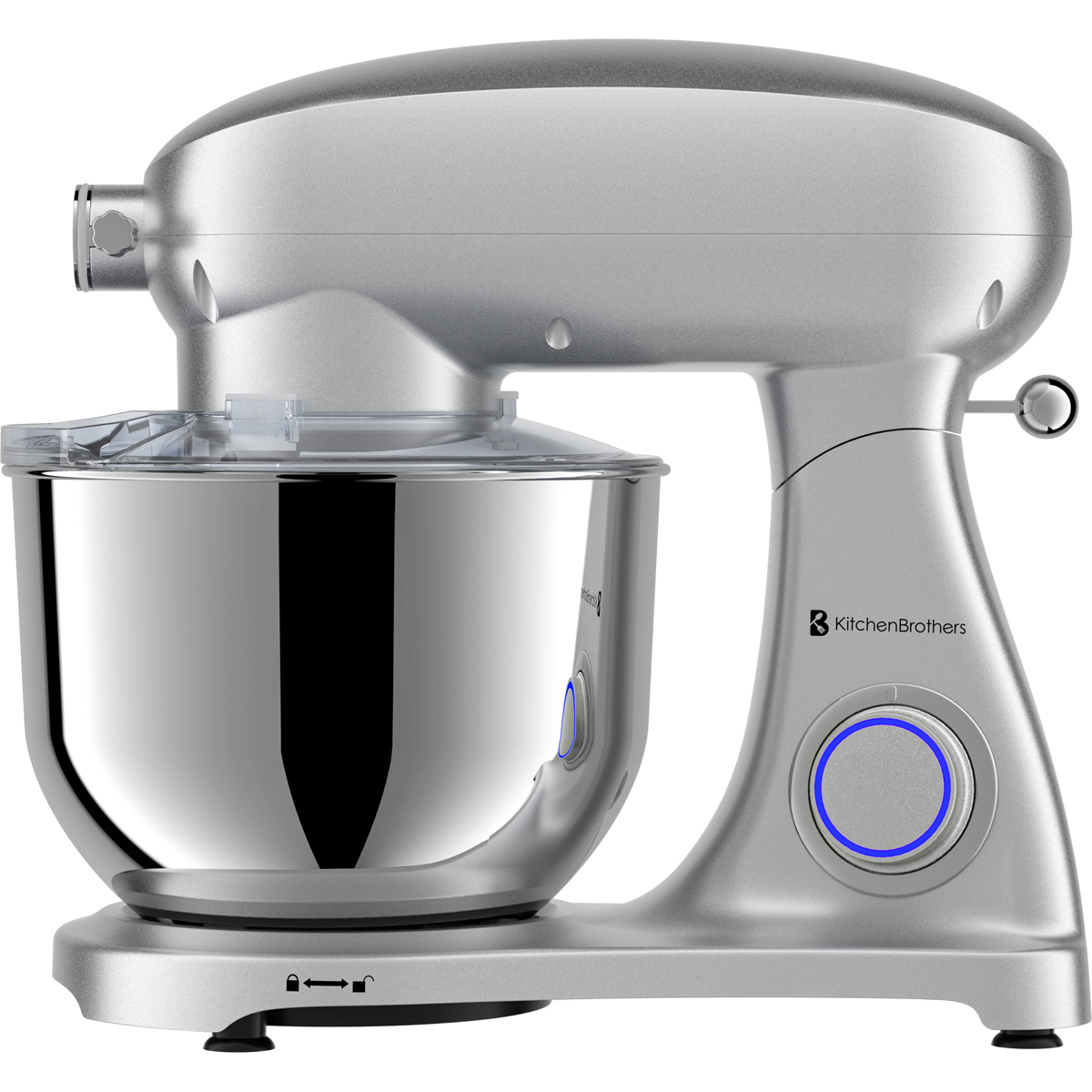 Zilveren keukenmixer met roestvrijstalen kom en blauw verlichte knop.