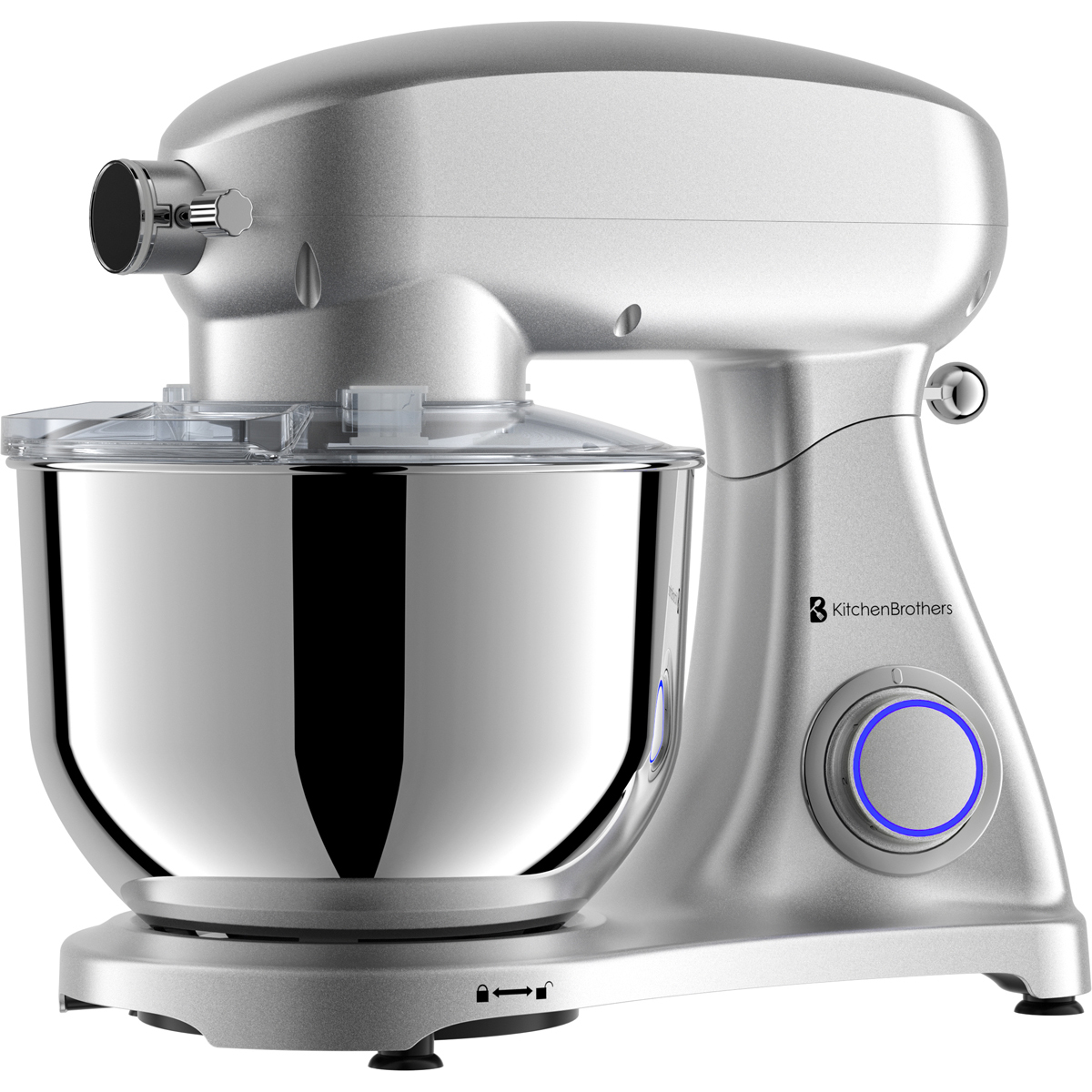 Een zilveren standmixer met een gepolijste roestvrijstalen kom en blauwe verlichting.