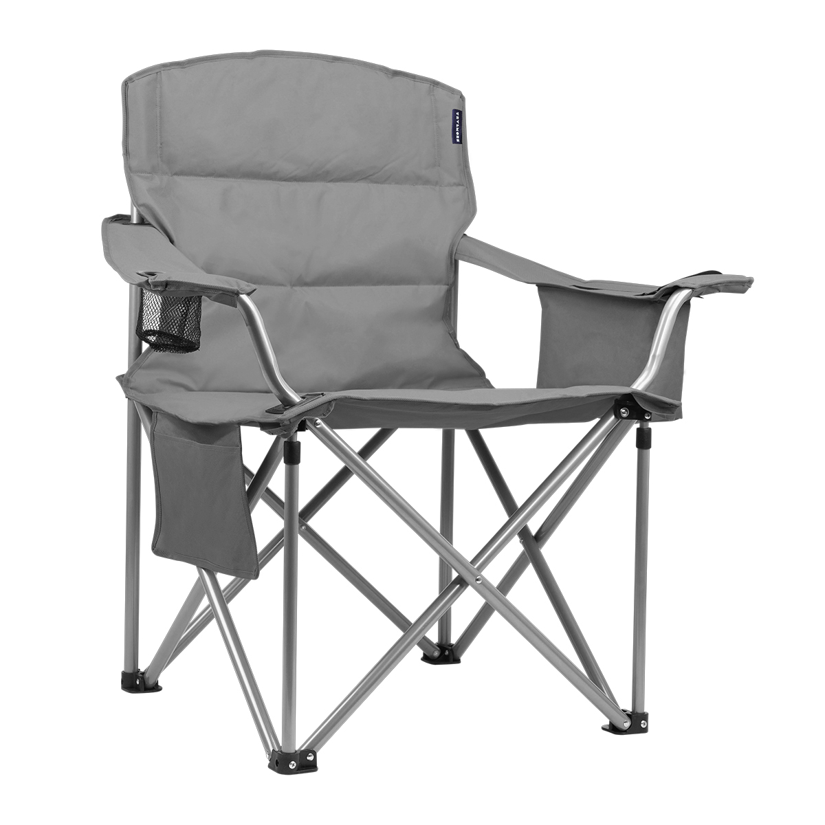 Chaise pliante grise avec cadre en métal, porte-gobelet et poche latérale.