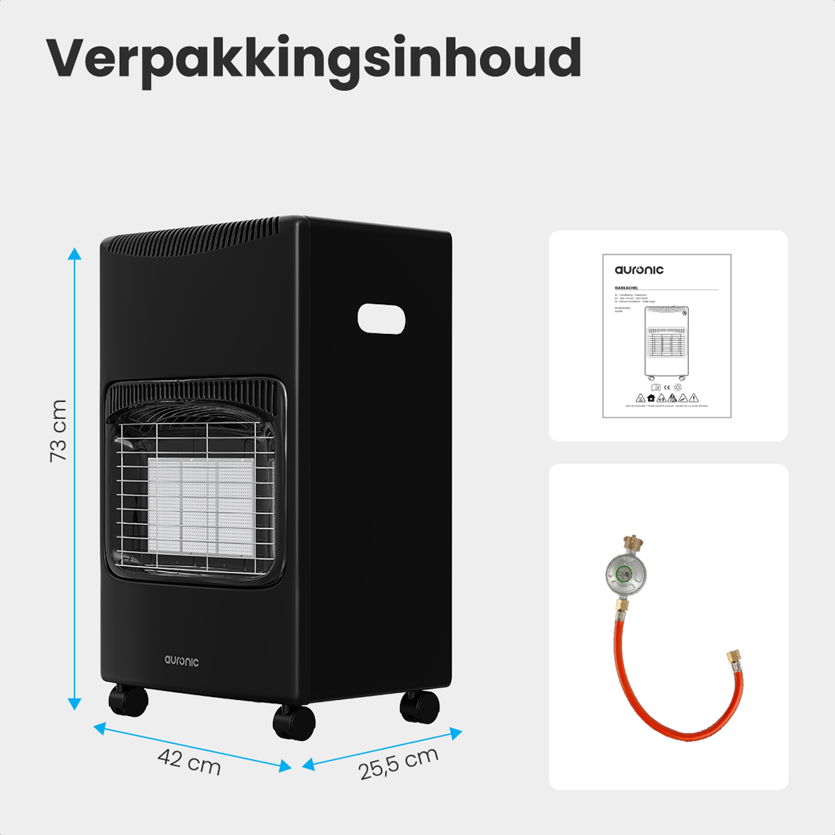 Zwarte gasverwarmer met wielen, afmetingen, handleiding, slang met regelaar.