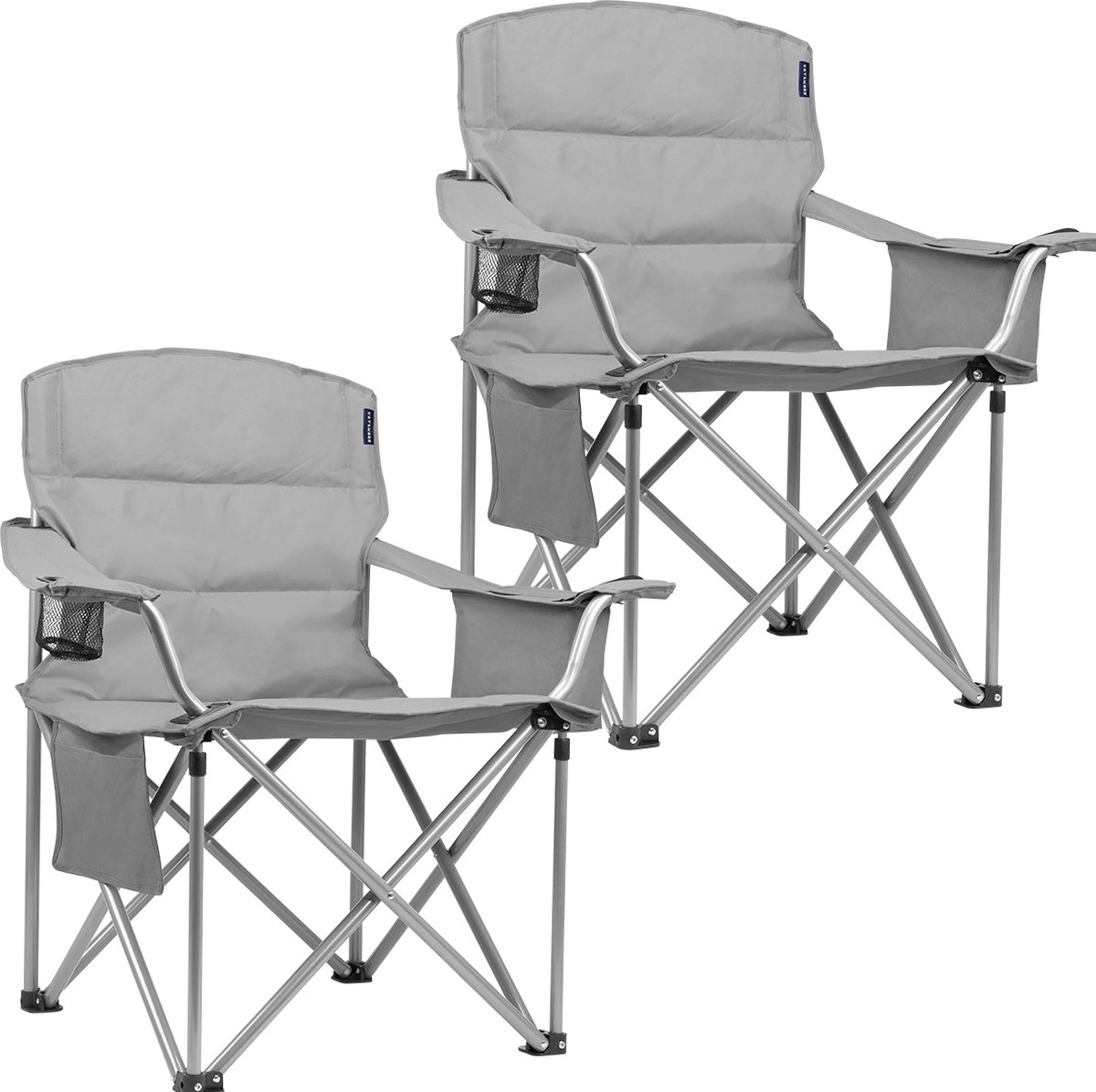 Deux chaises pliantes grises avec cadres en métal, porte-gobelets et poches latérales.