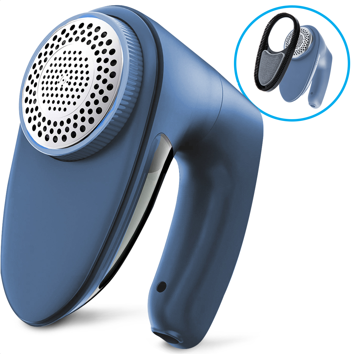 Un rasoir à tissu bleu avec tête métallique circulaire et poignée. Une vignette montre la tête avec brosse.