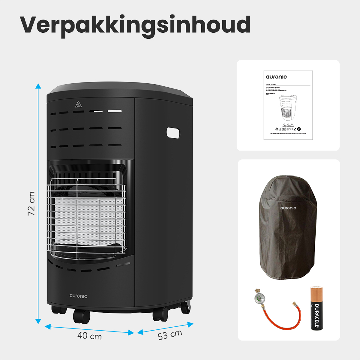 Zwarte heater met afmetingen, handleiding, hoes, regelaar en batterij. 72cm hoog.