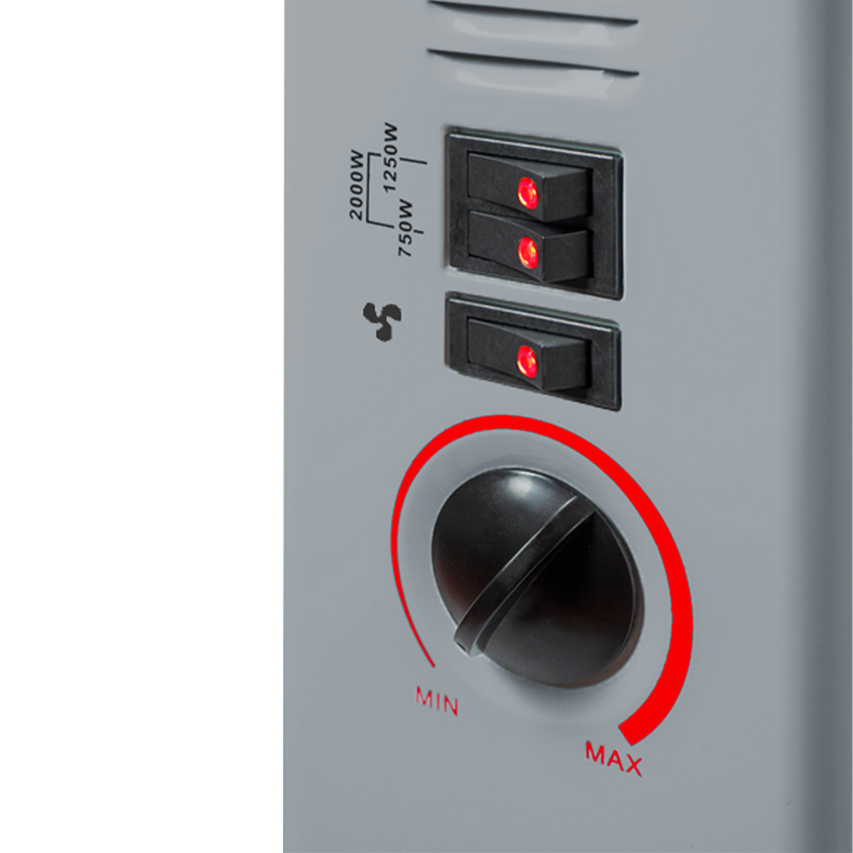 Grey fan heater with three switches and a dial for min/max settings.