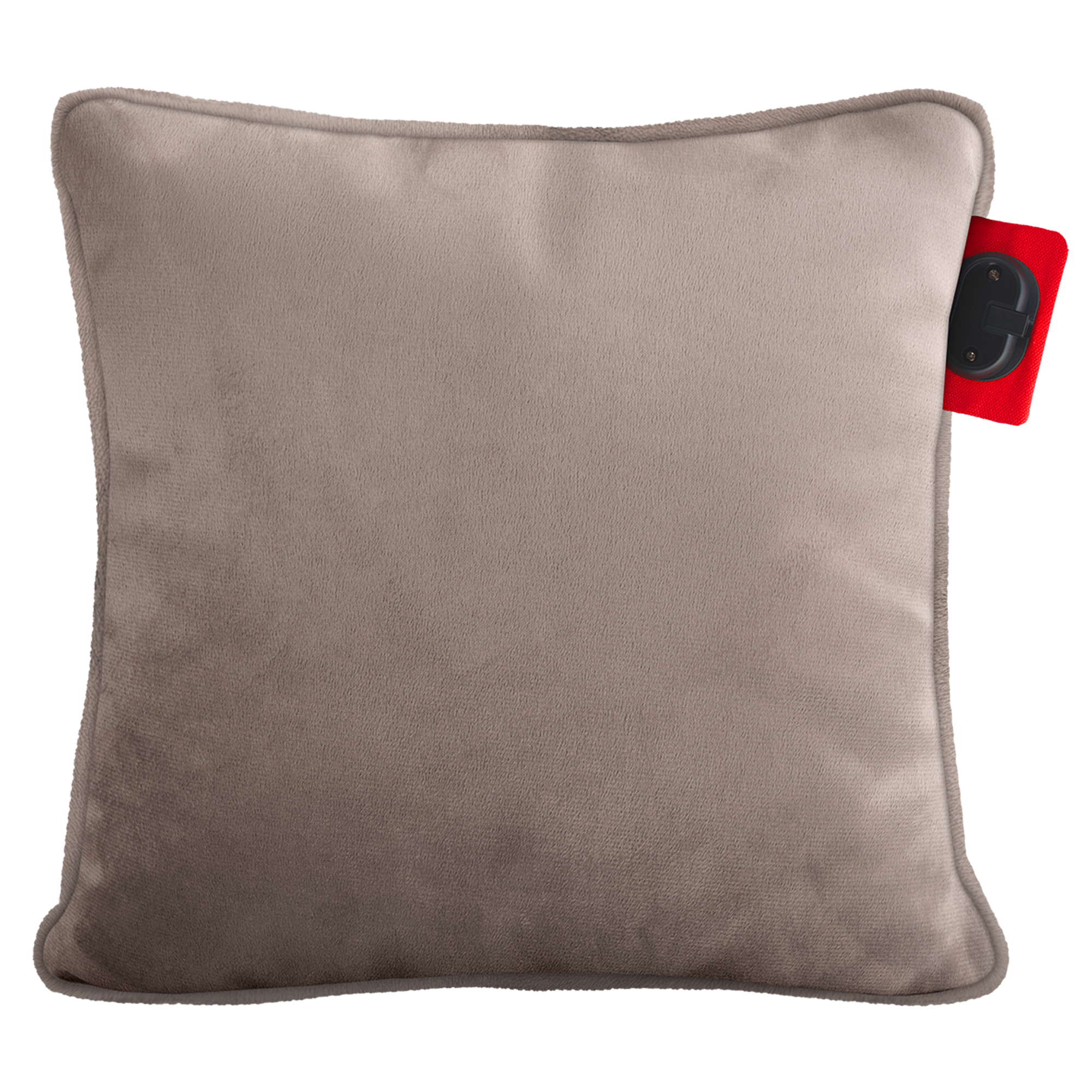 Een grijs kussen met een rood label en een zwart onderdeel.