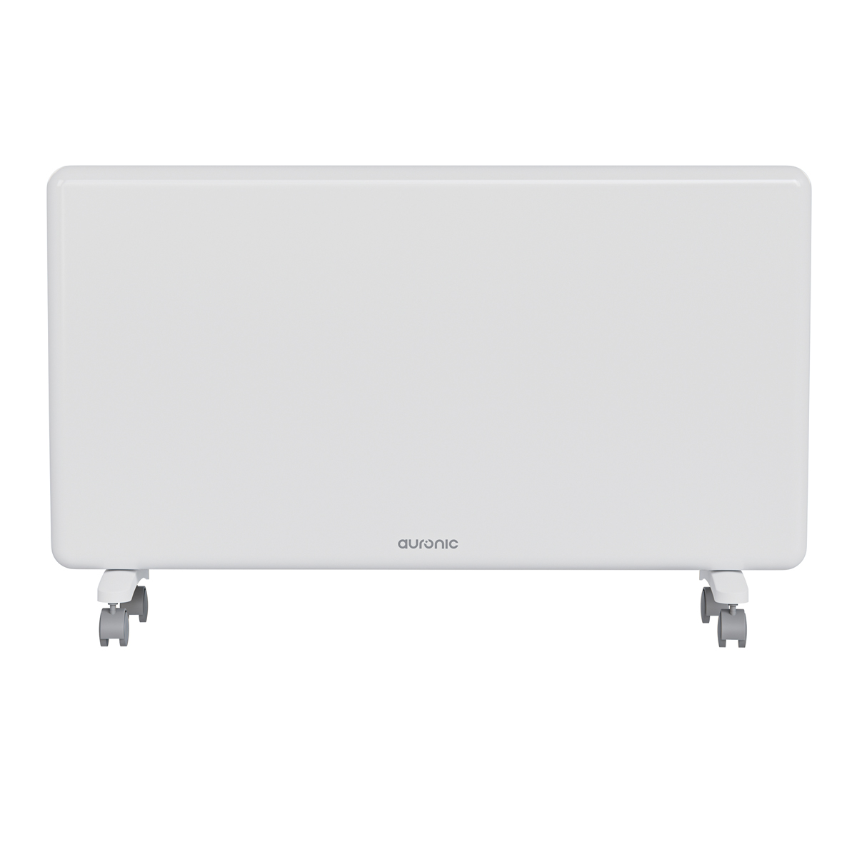 A white electric heater with wheels and the Auronic logo.