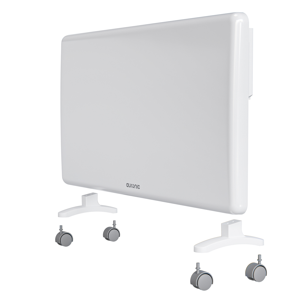 A white heater with detachable wheels and stands.