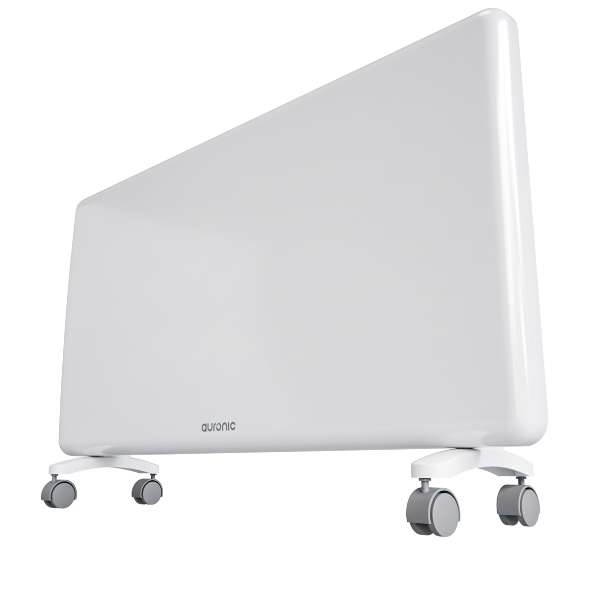 A white, rectangular heater on wheels with the Auronic logo.