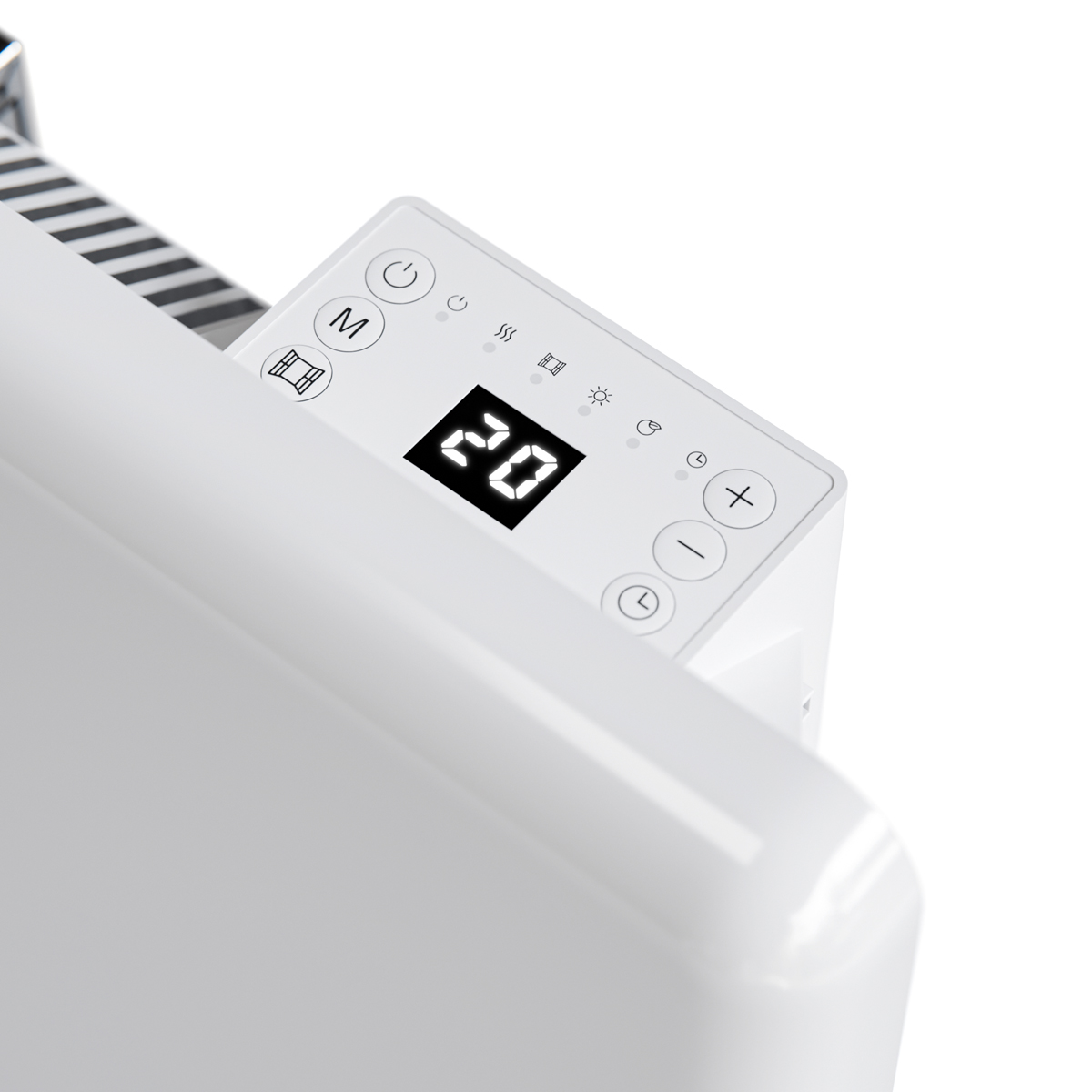 A white heater with a digital display showing 20 degrees and control buttons.