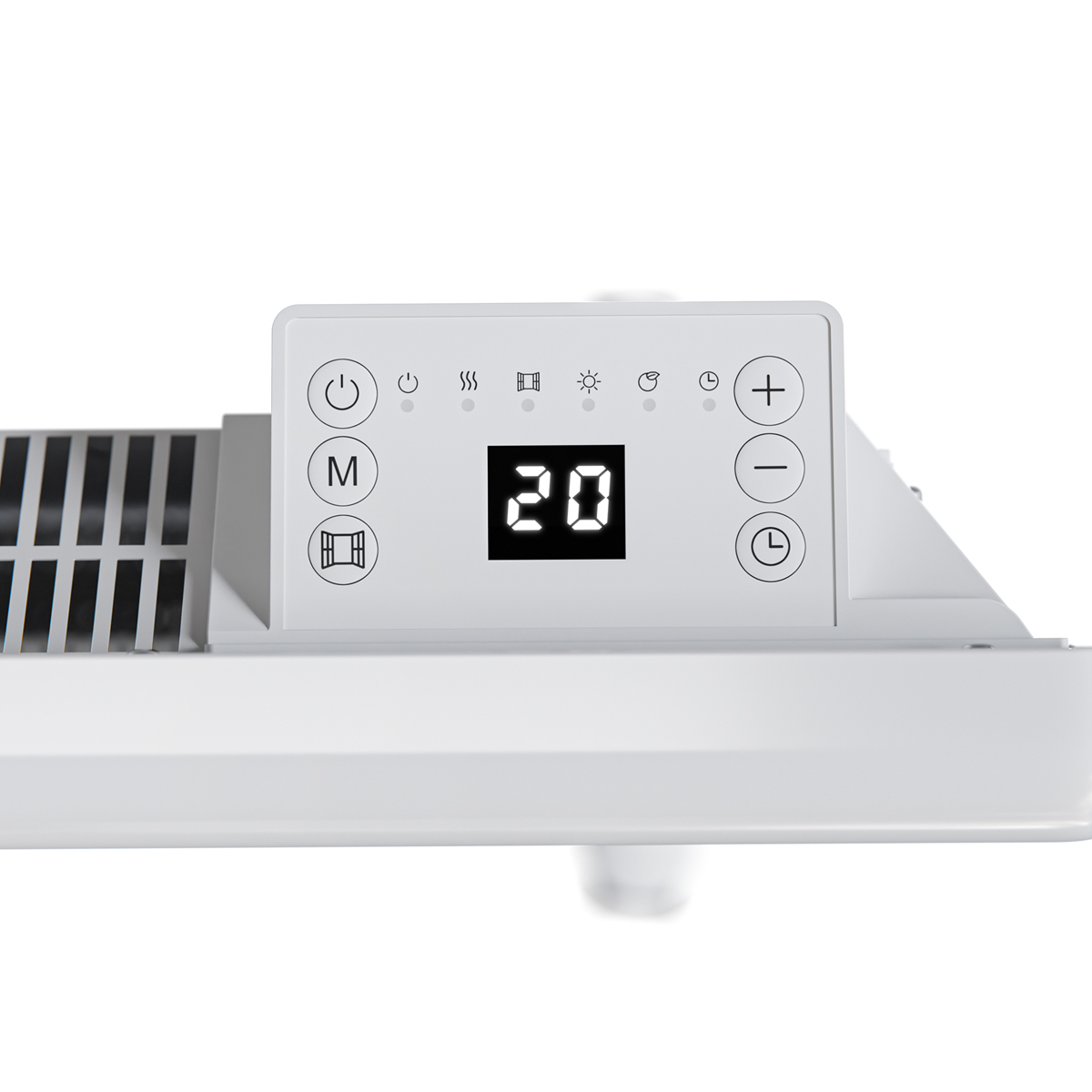 White heater control panel with digital display showing 20.