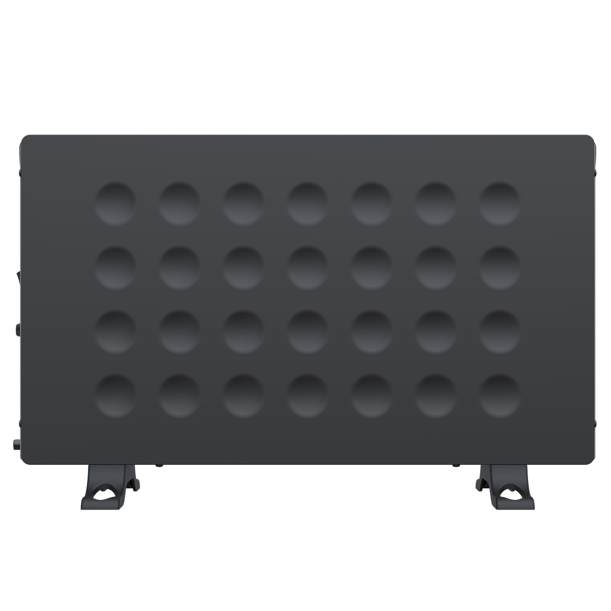 A dark, rectangular radiator with 24 indentations on its front panel.