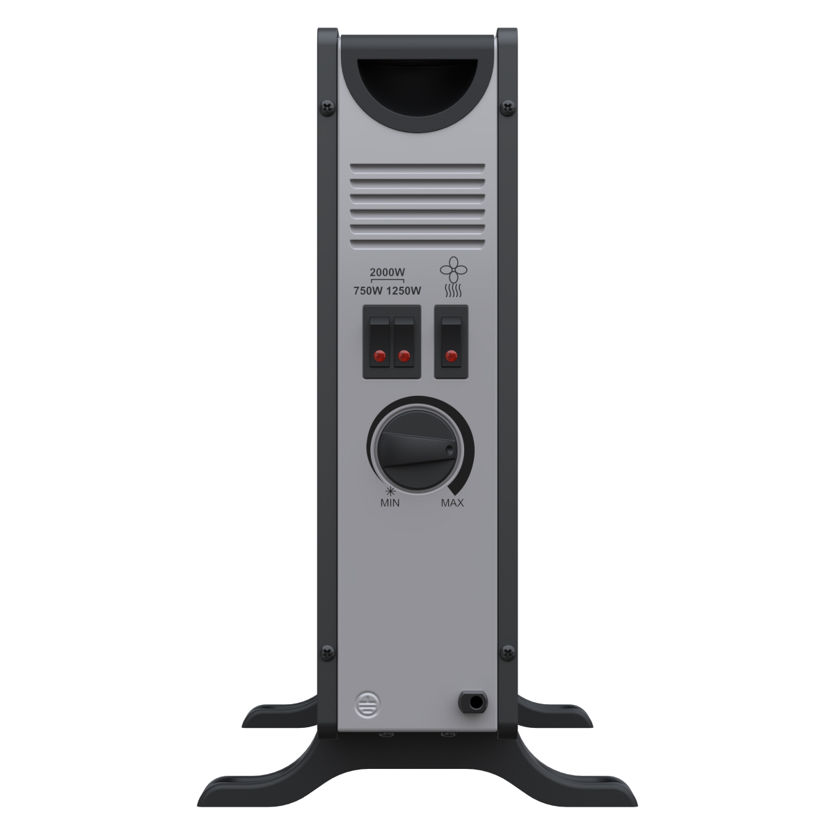 A grey oil-filled radiator with switches and a rotary dial.