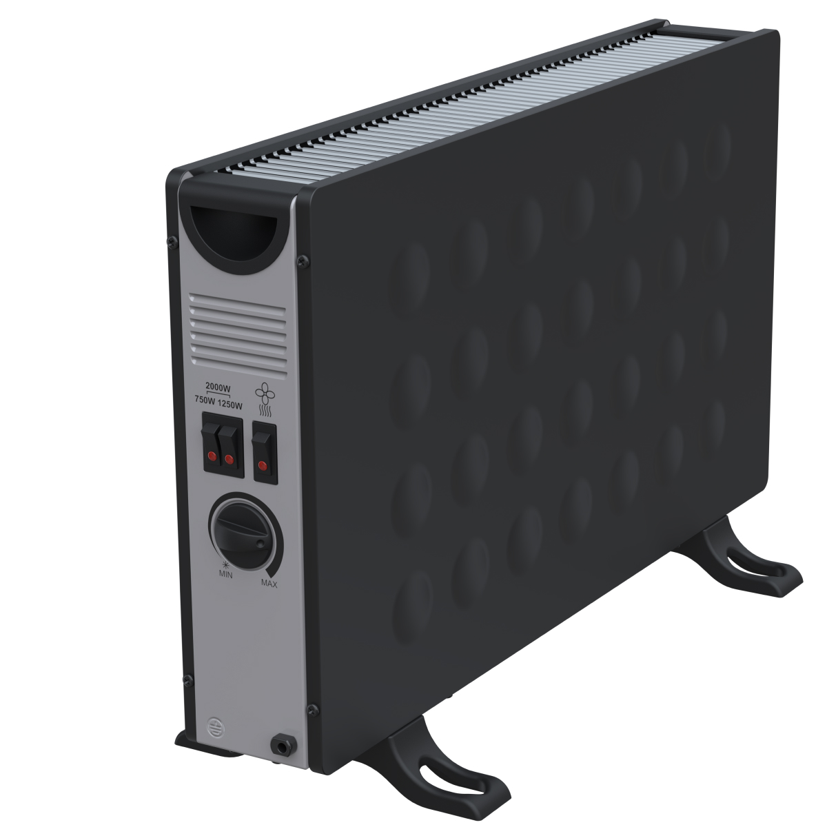A black radiator with a silver control panel and two black feet.