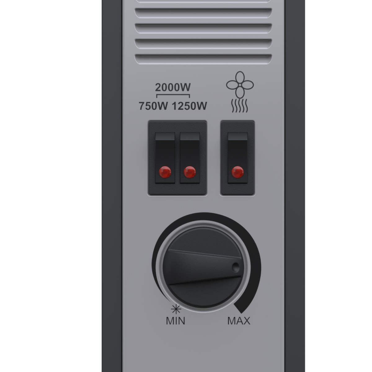 Close-up of heater controls: 2000W, 750W, 1250W settings, 3 switches, and a dial.