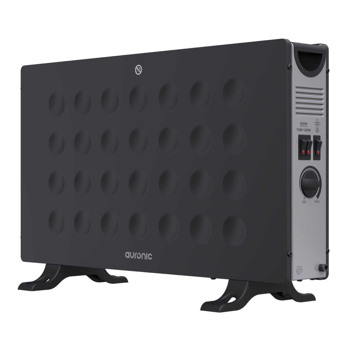 A black Auronic electric heater with a textured front panel and silver controls.