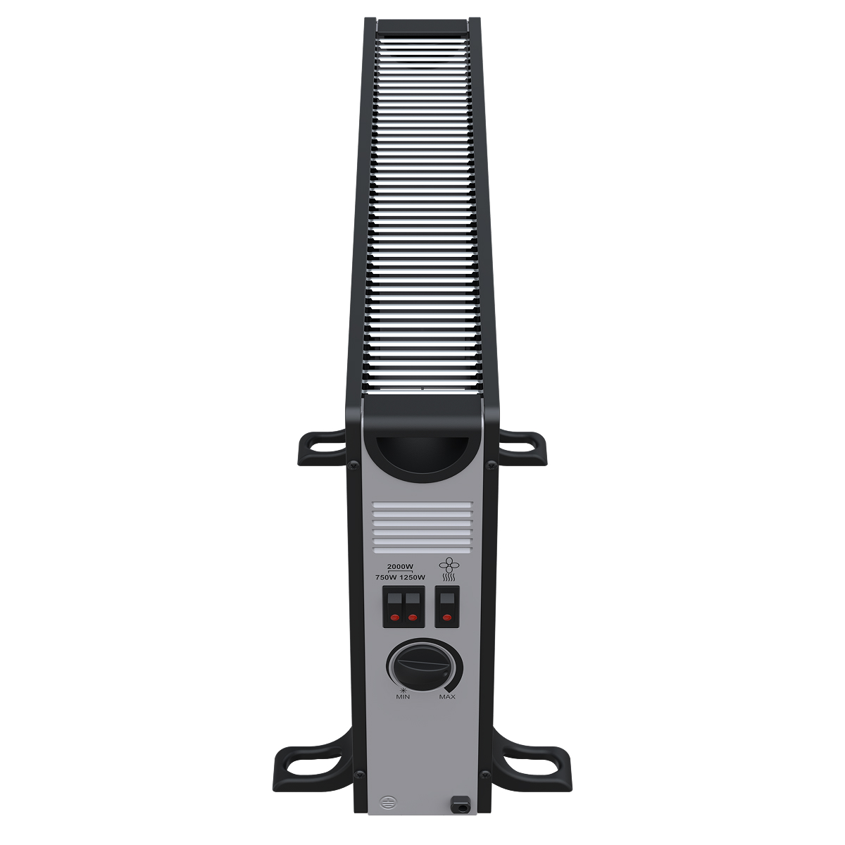 A tall, black portable electric heater with a silver control panel and black handles.
