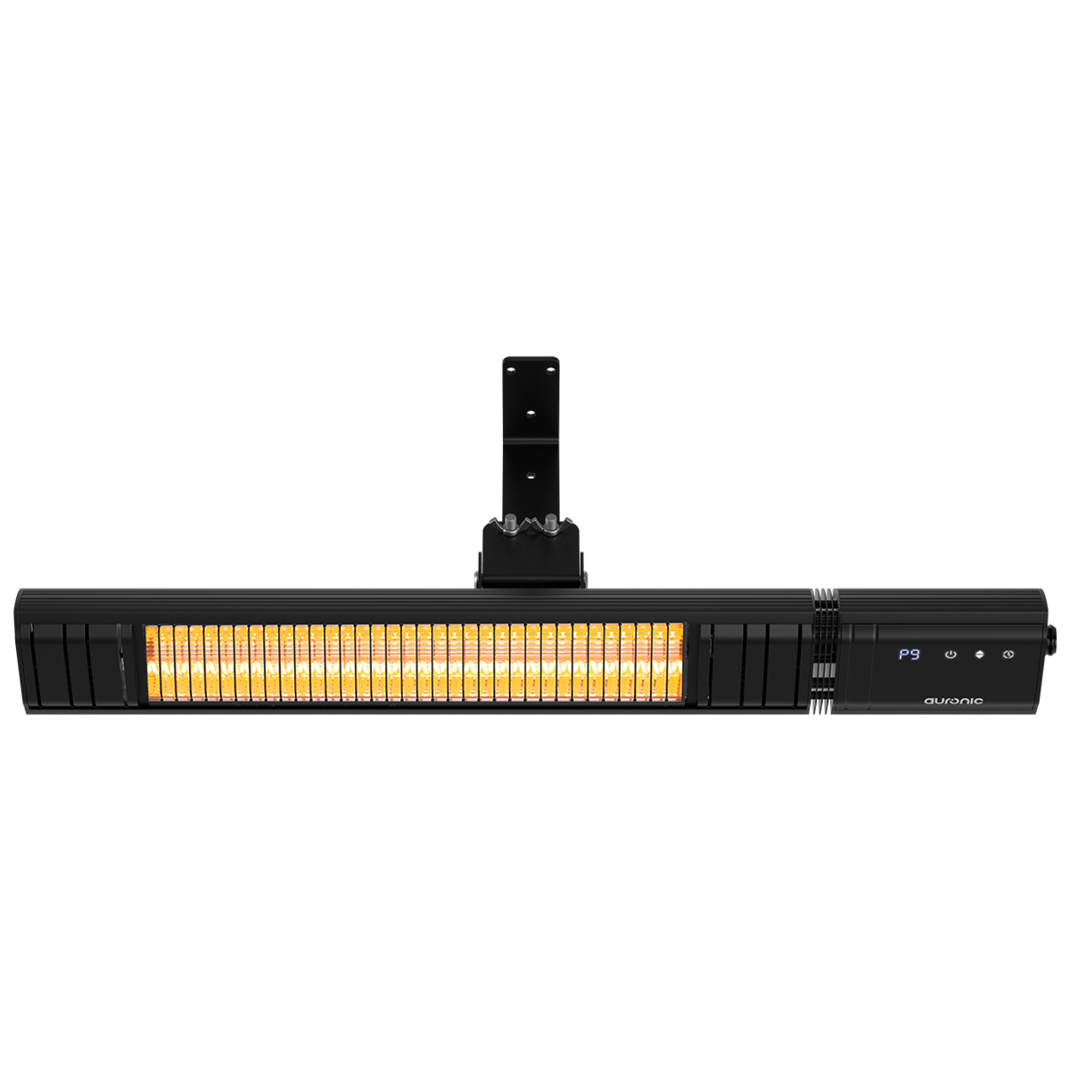 Zwarte wandverwarming met gloeiende verwarmingselementen en digitaal display.