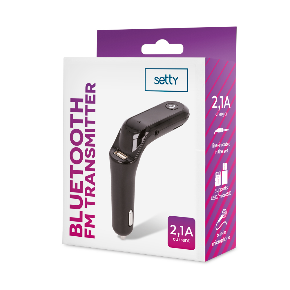 Czarny transmiter FM Bluetooth z portem USB na białym pudełku ze szczegółami produktu.