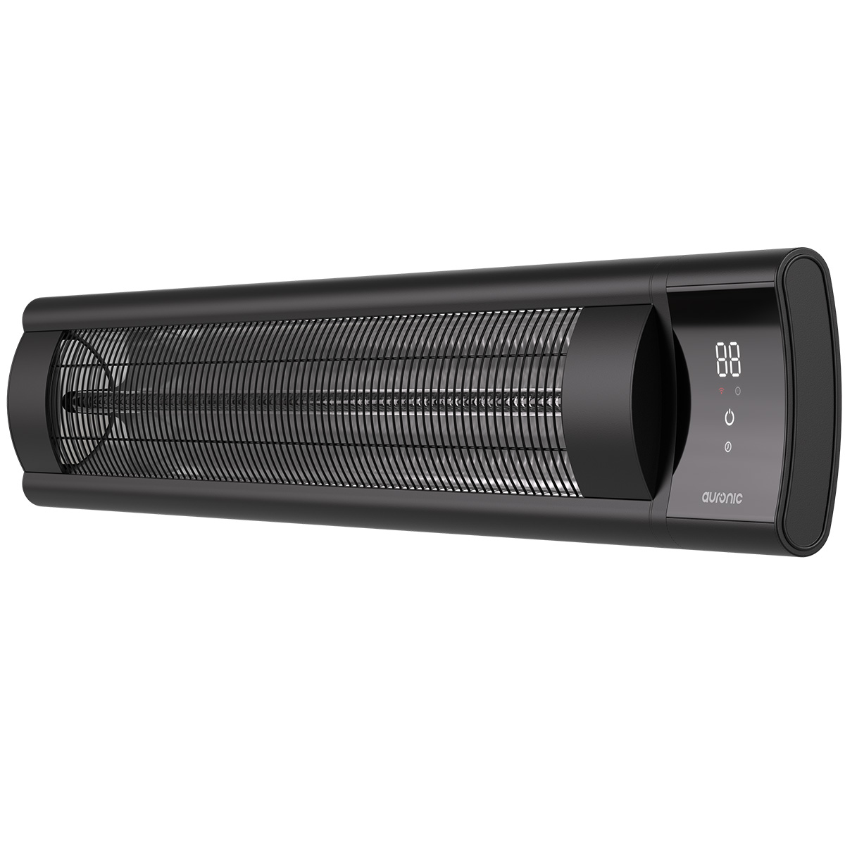 Un radiateur soufflant noir et élégant avec grille et écran numérique.