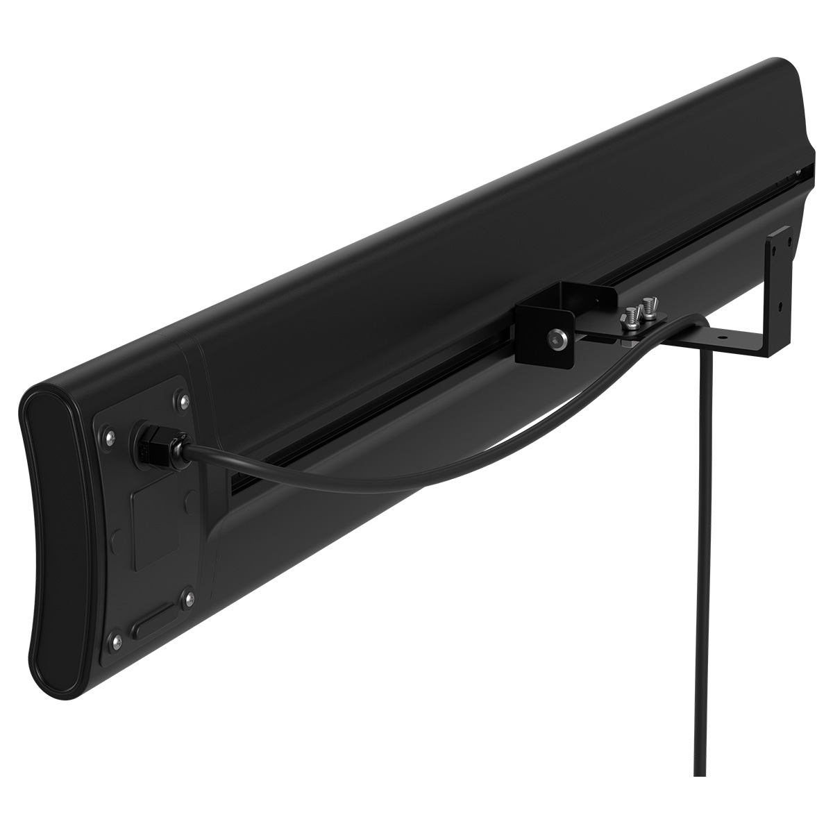 Objet rectangulaire noir avec câble et support sur fond blanc.