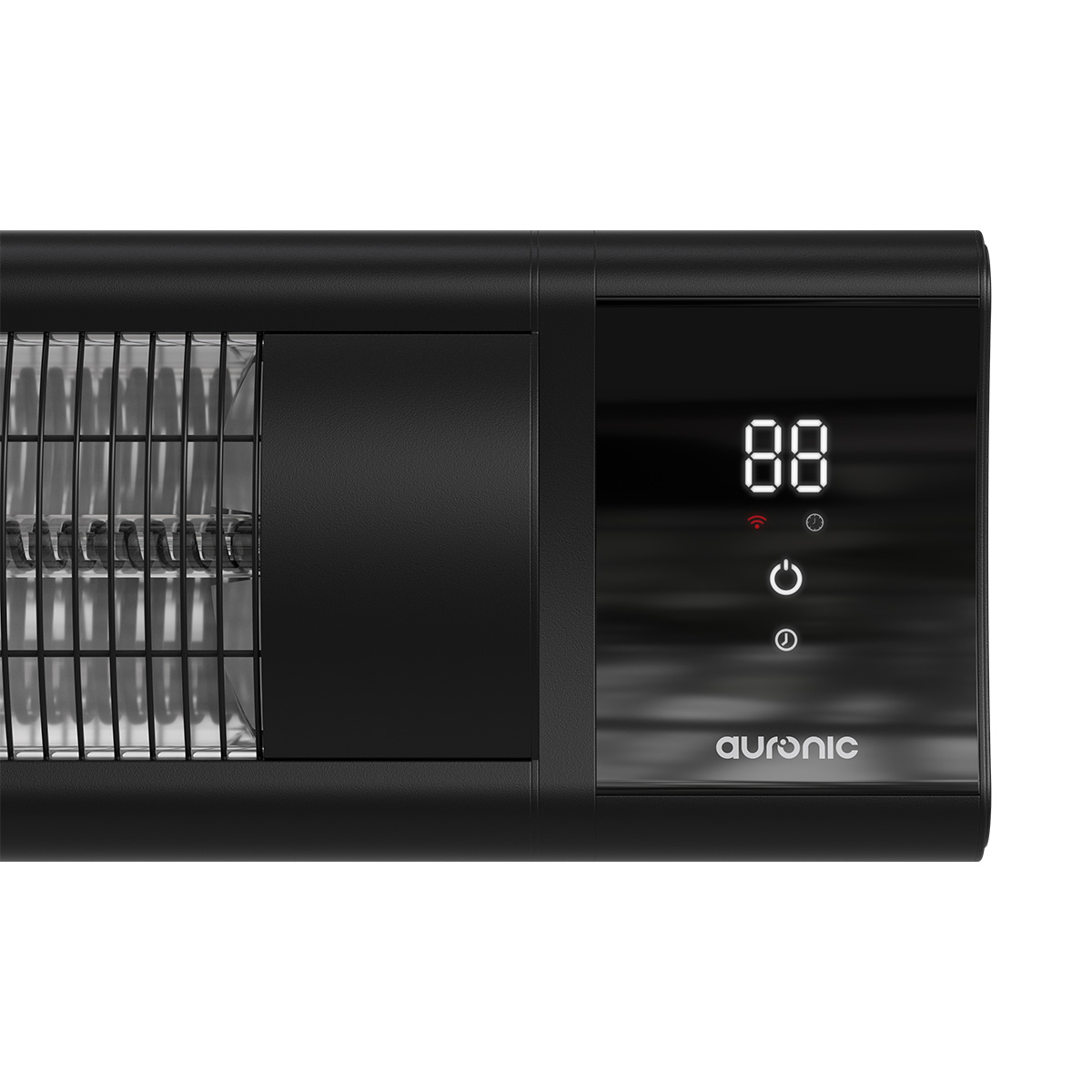 Chauffage noir avec écran numérique "88", icônes et logo.