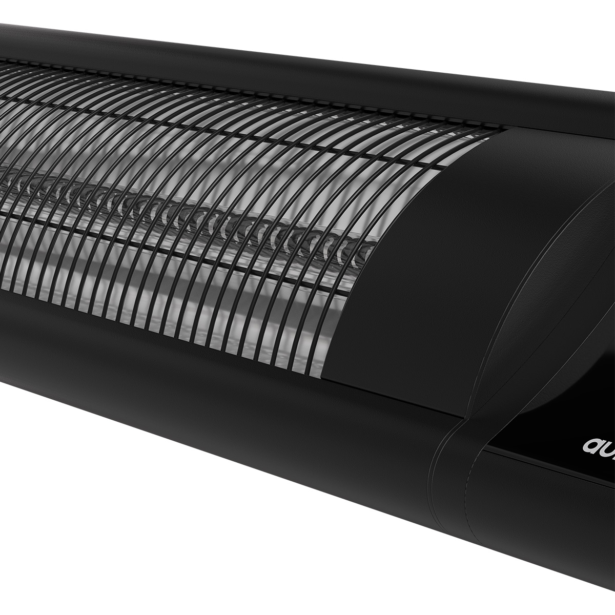Chauffage noir avec éléments chauffants visibles et grille de protection.