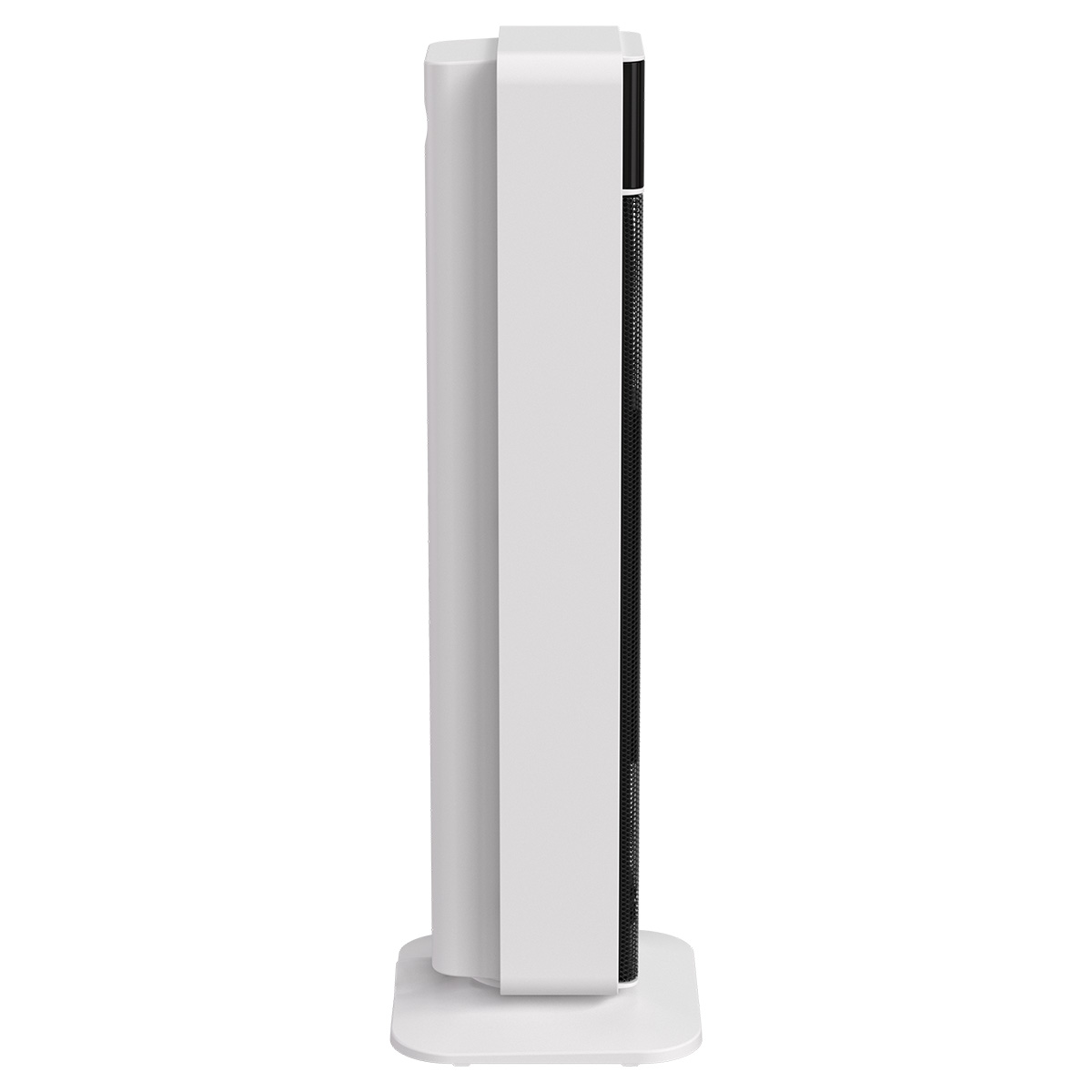 Een slanke, witte torenventilator met zwart ventilatierooster staat op een rechthoekige voet.
