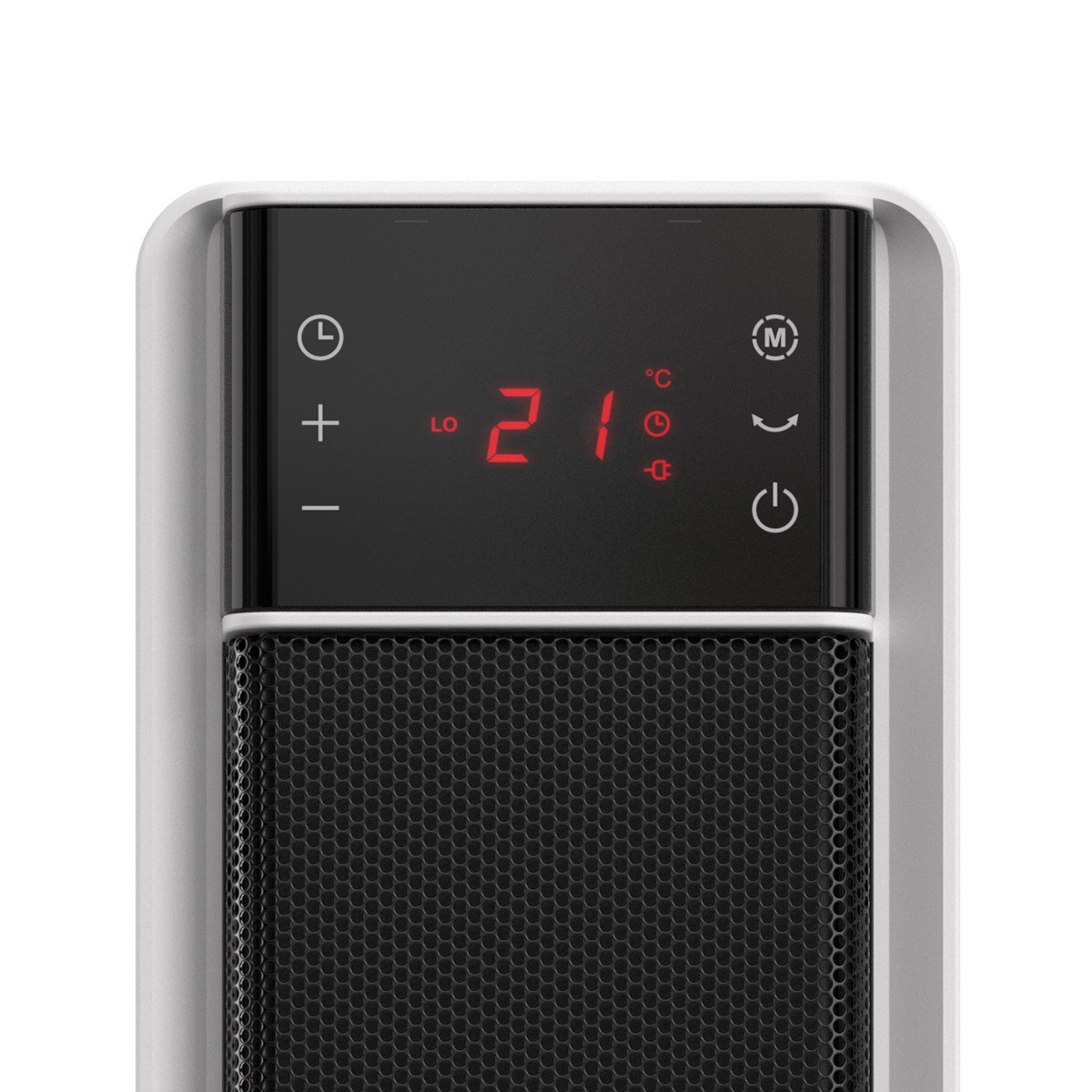 Digitaal display toont 21 graden Celsius, timer, modus en aan/uit-pictogrammen.