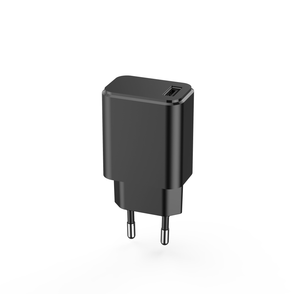 Adattatore caricabatteria USB nero con due pin e una porta USB in alto.