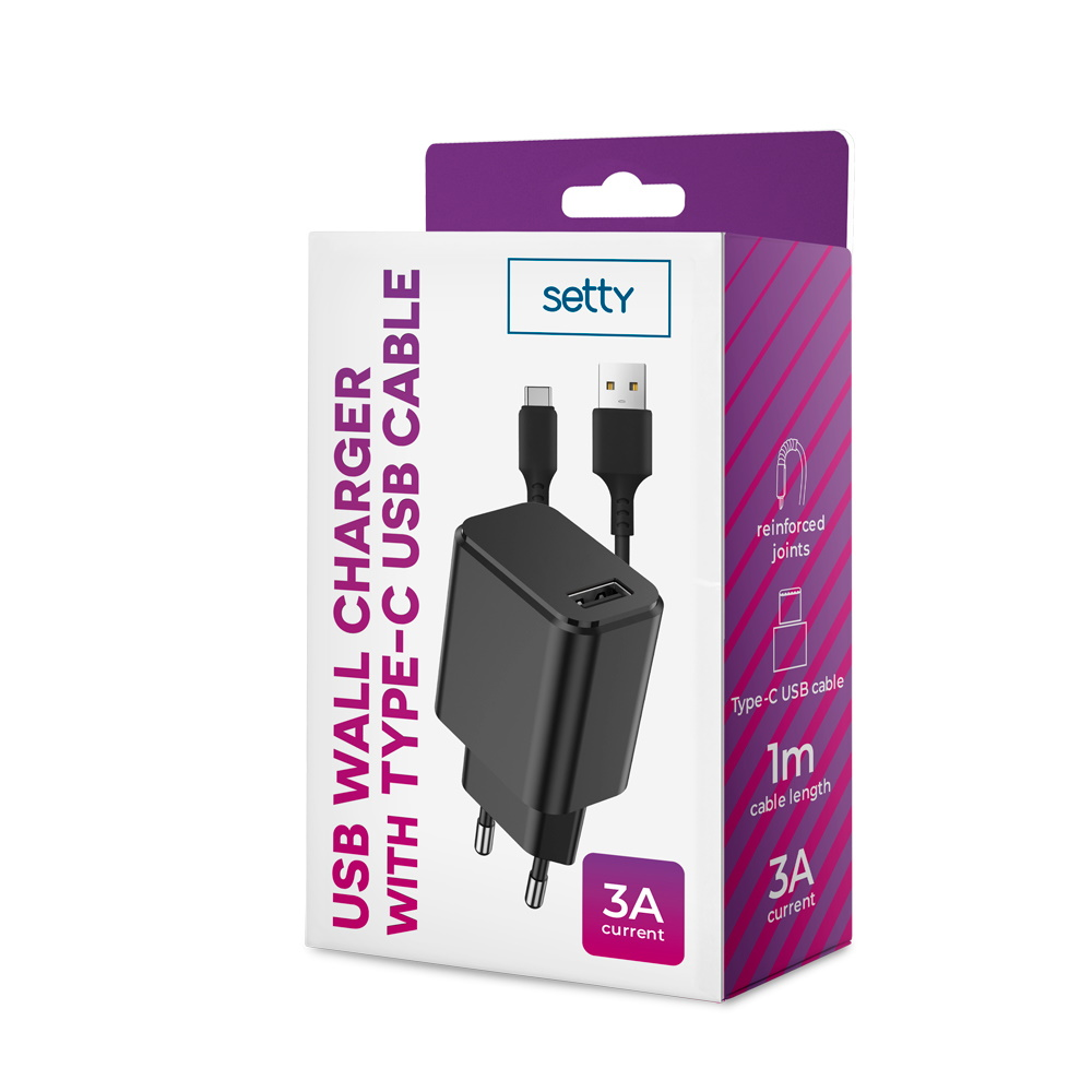 Scatola di un caricatore da muro USB Setty nero con cavo Type-C.