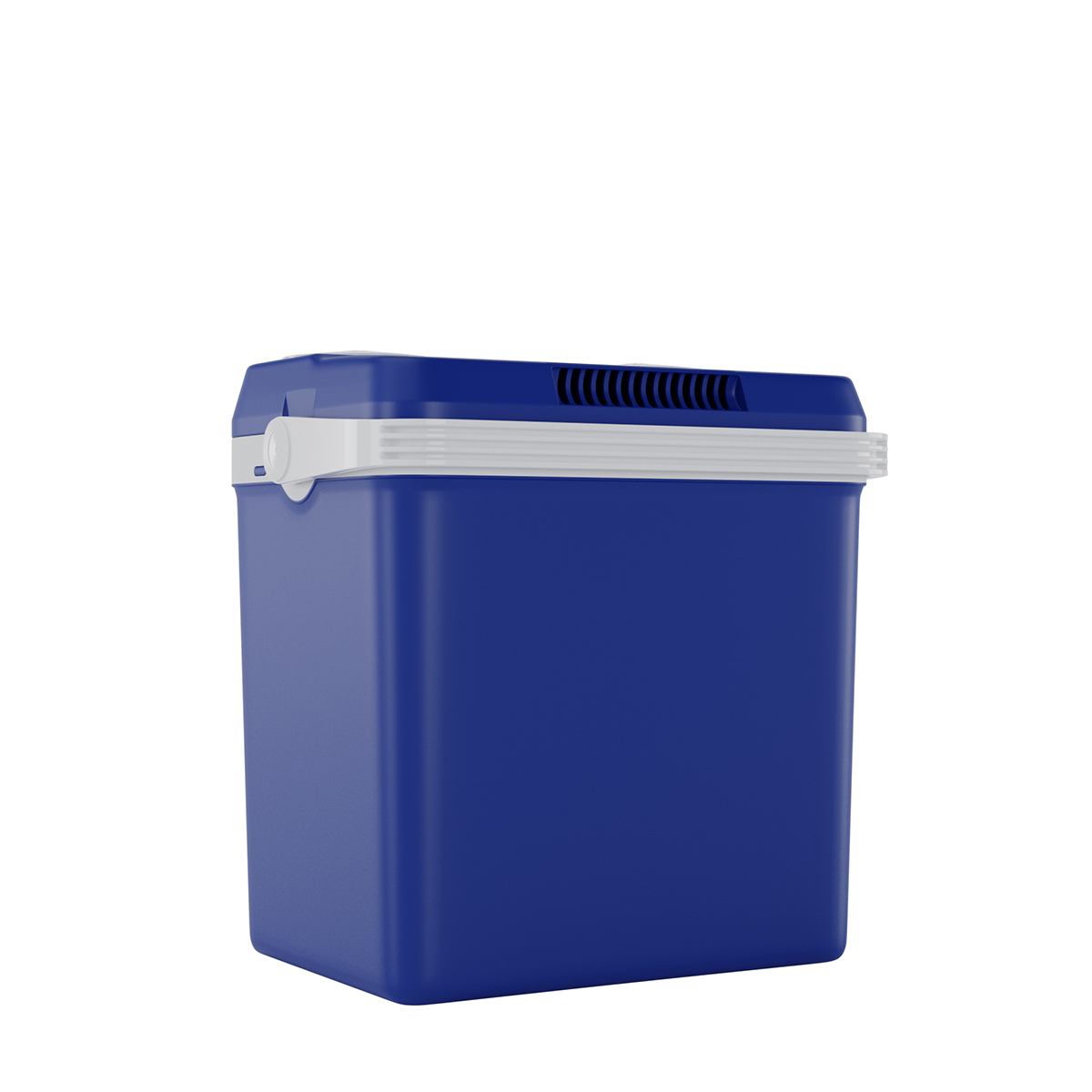 Een blauwe koelbox met een witte handgreep en ventilatieopeningen op het deksel.